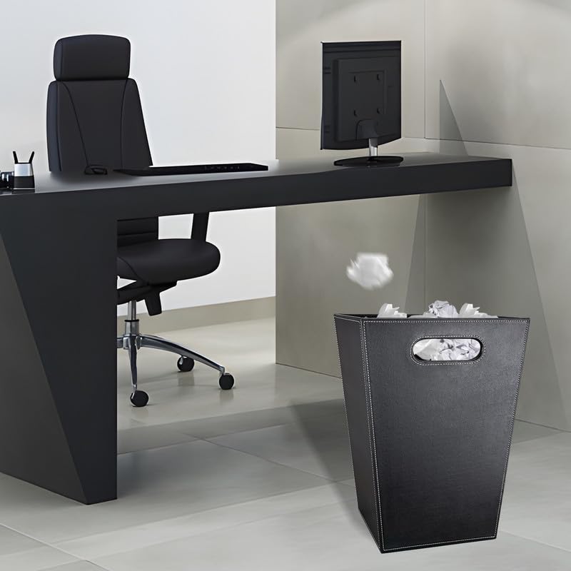 Pu Leather Trash Can for Bedroom, 16L/4.2 Gallon Office Wastebasket with Handles for Near Desk, Black Bathroom Garbage Cans for Home Decorative, Square Waste Basket Bin for Dorm Easy to Clean