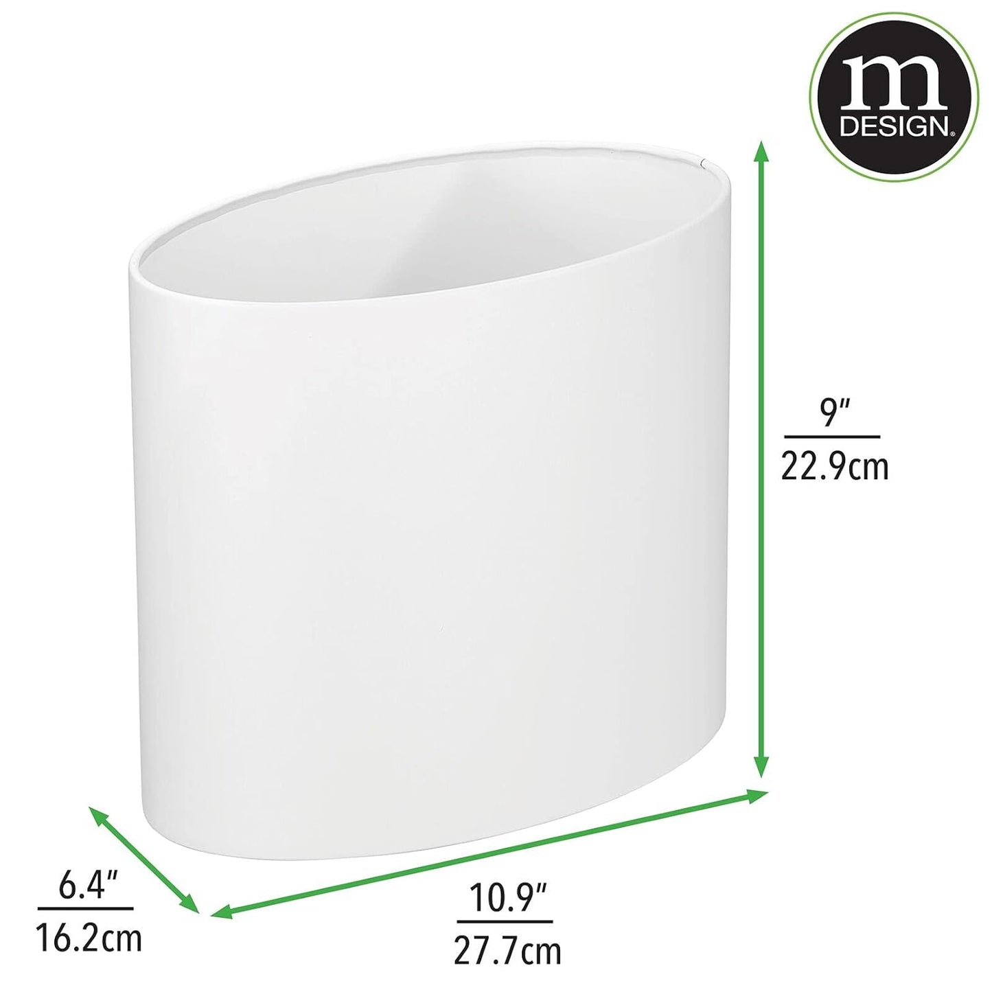 mDesign Stainless Steel Metal Oval Trash Can, 7.9 Liter/2.09 Gallon Wastebasket, Garbage Basket Bin for Bathroom, Bedroom, Kitchen, Home Office, Holds Waste and Recycle, Mirri Collection, White