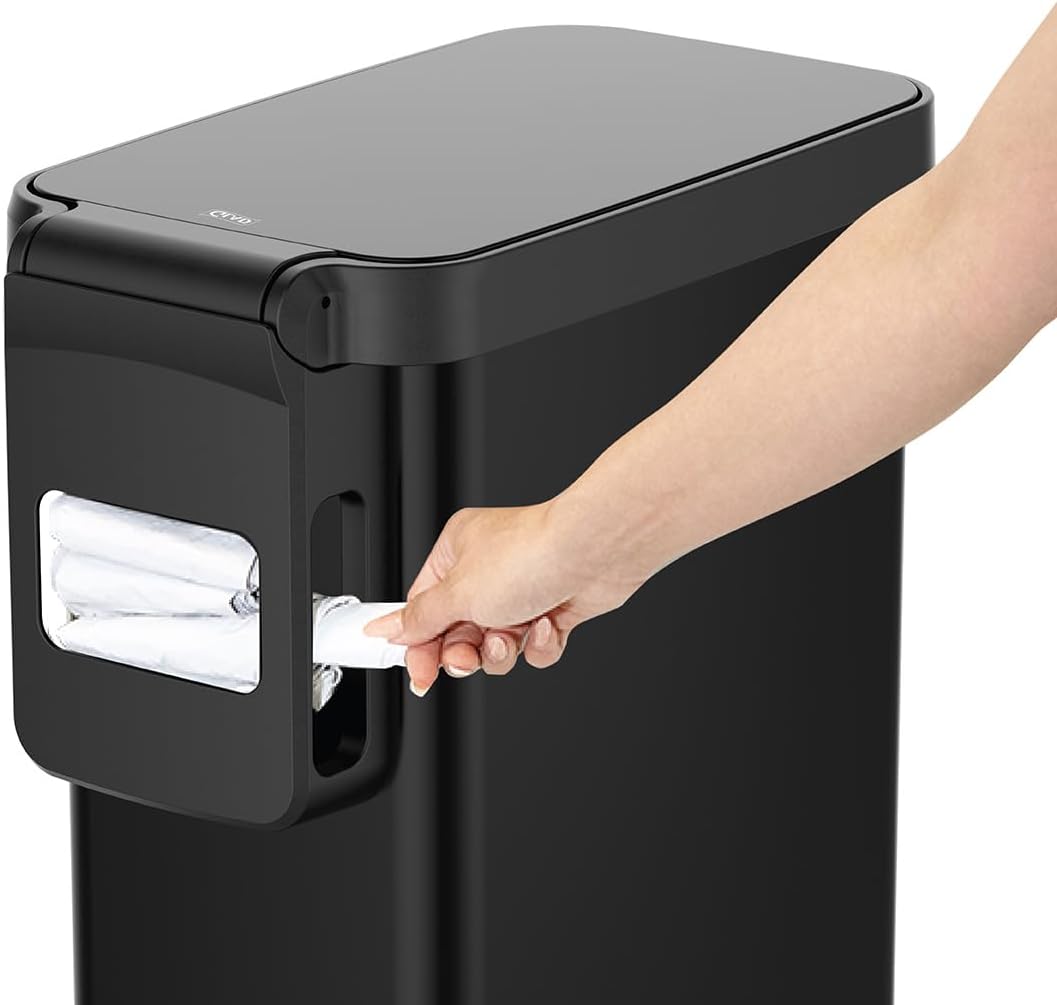 Glad Slim Trash Can with Clorox Odor Protection - Narrow Kitchen Garbage Bin with Soft Close Lid, Step On Foot Pedal and Waste Bag Roll Holder, Black, 45 Liter