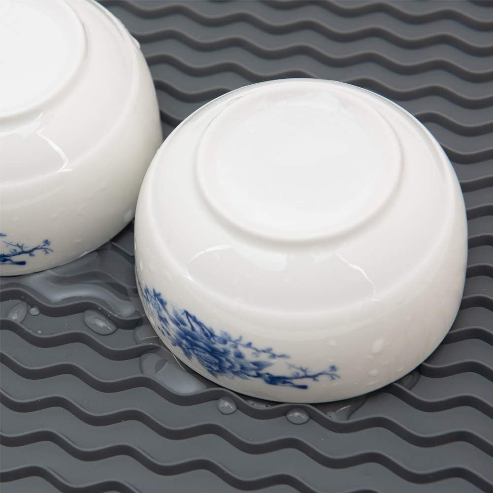 ZLR 2 Pcs Silicone Dish Drying Mats for Kitchen Counter, Eco-Friendly Fast Dry Dish Mat, Easy Clean Multi Usage Drying Matt, Heat Resistant Trivet, 12" x 16" Large, Gray