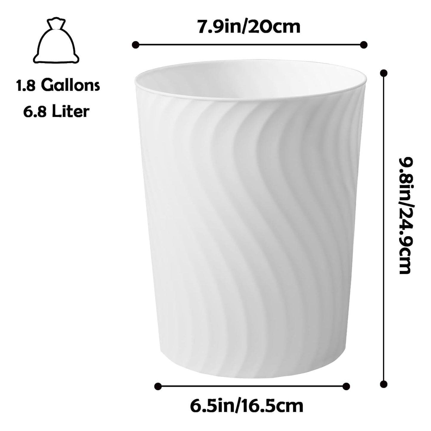 YGJT Small Trash Can, 6 Pack 1.8 Gallons Bathroom Trash Can, Slim Waste Basket, Round Garbage Can, Plastic Trash Bin for Kitchen, Dorm, Bedroom, Office, Living Room, Study, Compact Spaces(White)