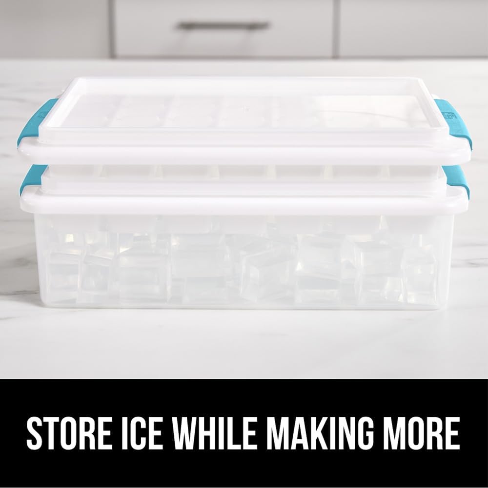 GORILLA GRIP Stackable Ice Cube Tray and Bin Set for Freezer, Includes 2 Trays with Lid and Scooper, Easy Release, Makes 56 Cubes, Cocktail Soda Coffee, Leak Proof Bucket Kit, Kitchen Tool, Turquoise