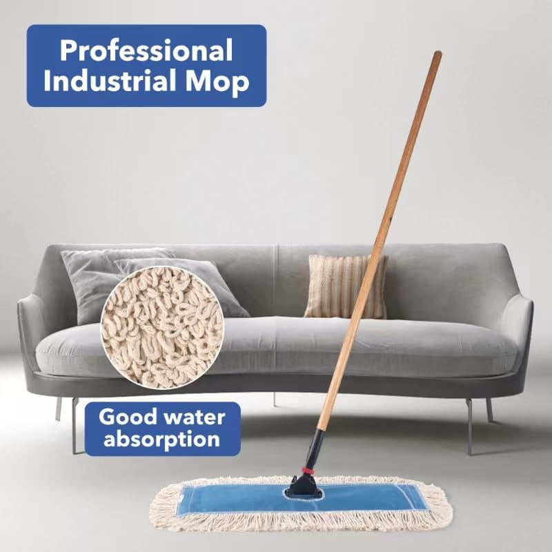 MATTHEW CLEANING 24'' Industrial Strength Cotton Dust Mop Refill Washable Replacement Heads For Residential & Commercial Use Fit Standard Dust Mop Frames, Hardwood,Concrete Floors Blue&White Pack of 6