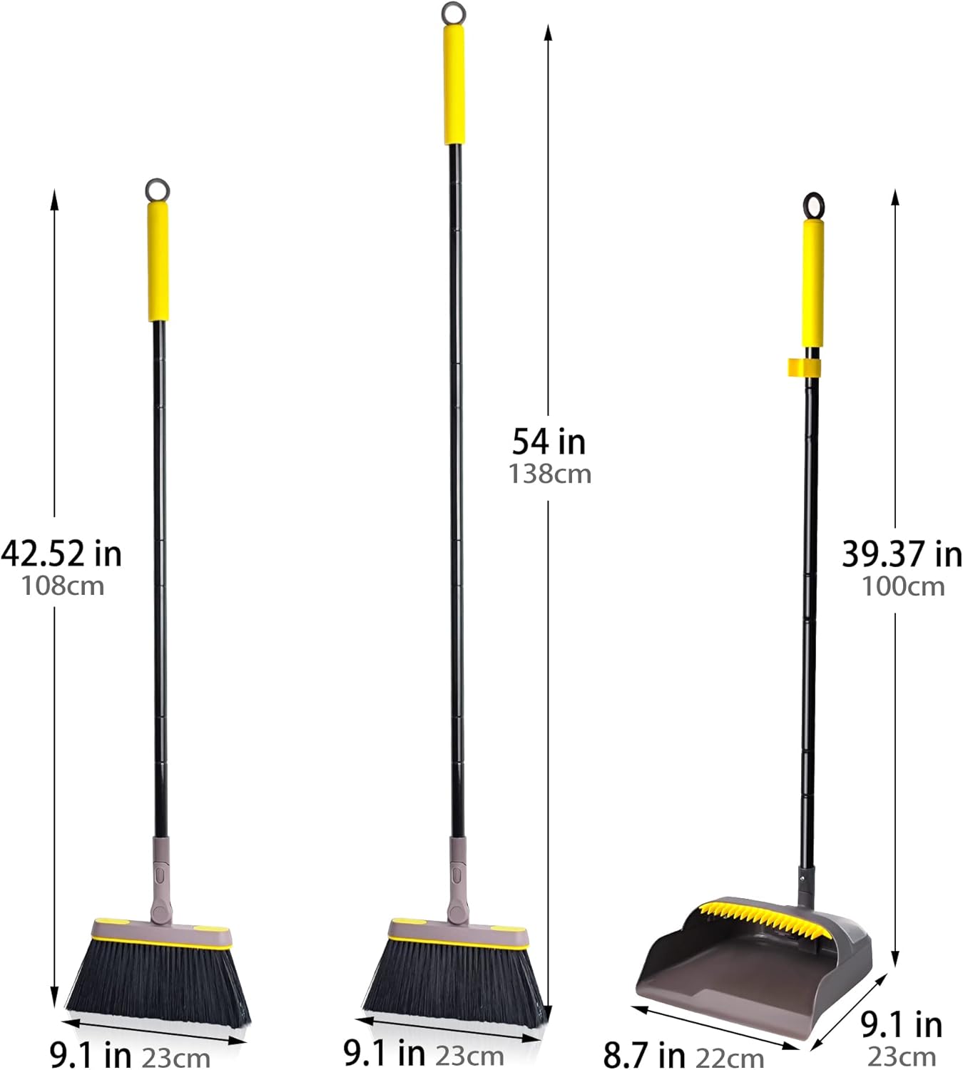 JEHONN Broom with Dustpan Combo Set, Long Handle Lightweight 180 Degree Rotating Sweeping Brush Indoor, Upright Standing Dust Pan with Comb Teeth for Home Room Kitchen Office Lobby (Brown Yellow)