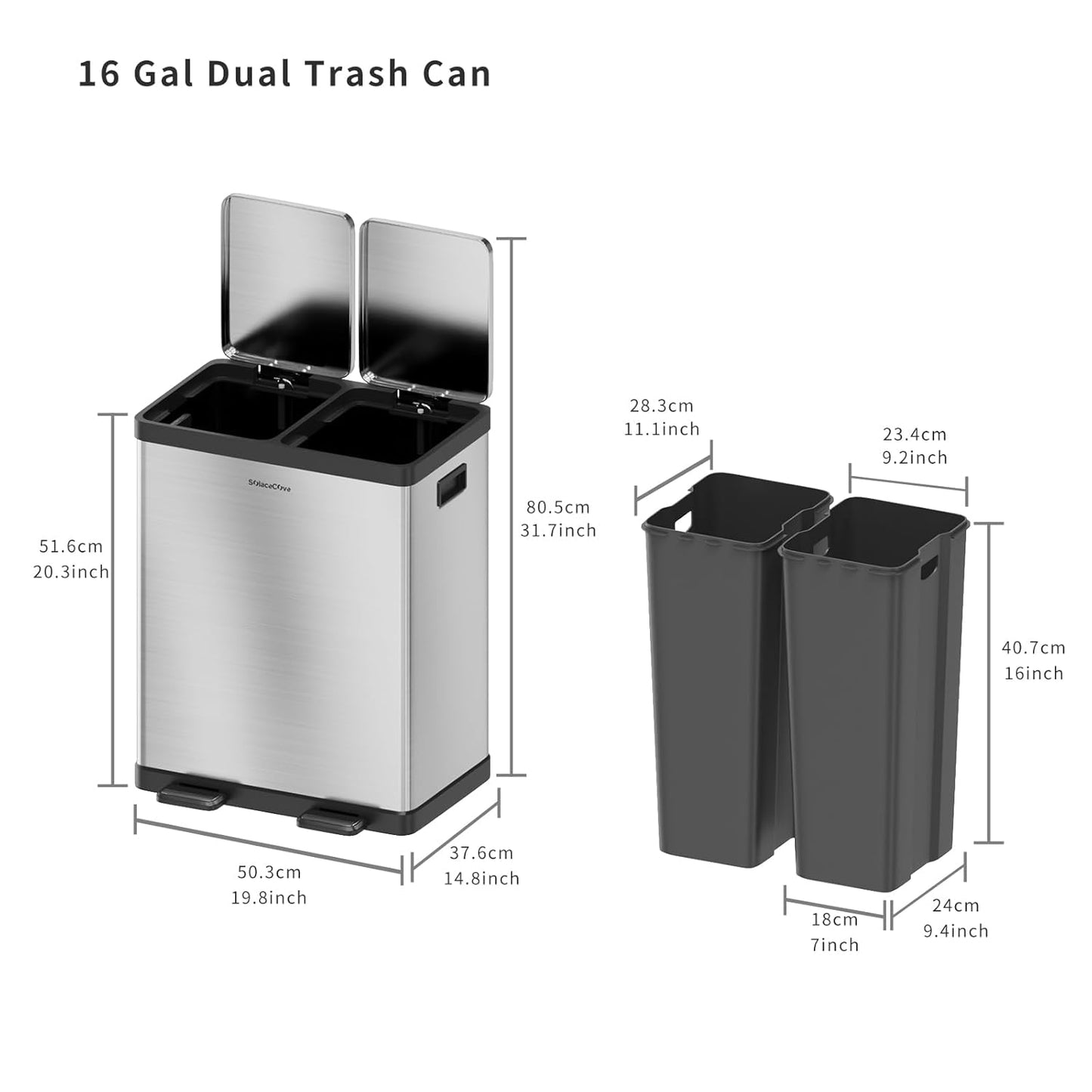 Kitchen Trash Can, 2 x 8 Gallon (2 x 30 L) Dual Trash Can, Garbage Can for Kitchen, Trash and Recycle Bin Combo, Fingerprint Resistant, Soft-close Lid,Odor-Proof and Brushed Stainless Steel