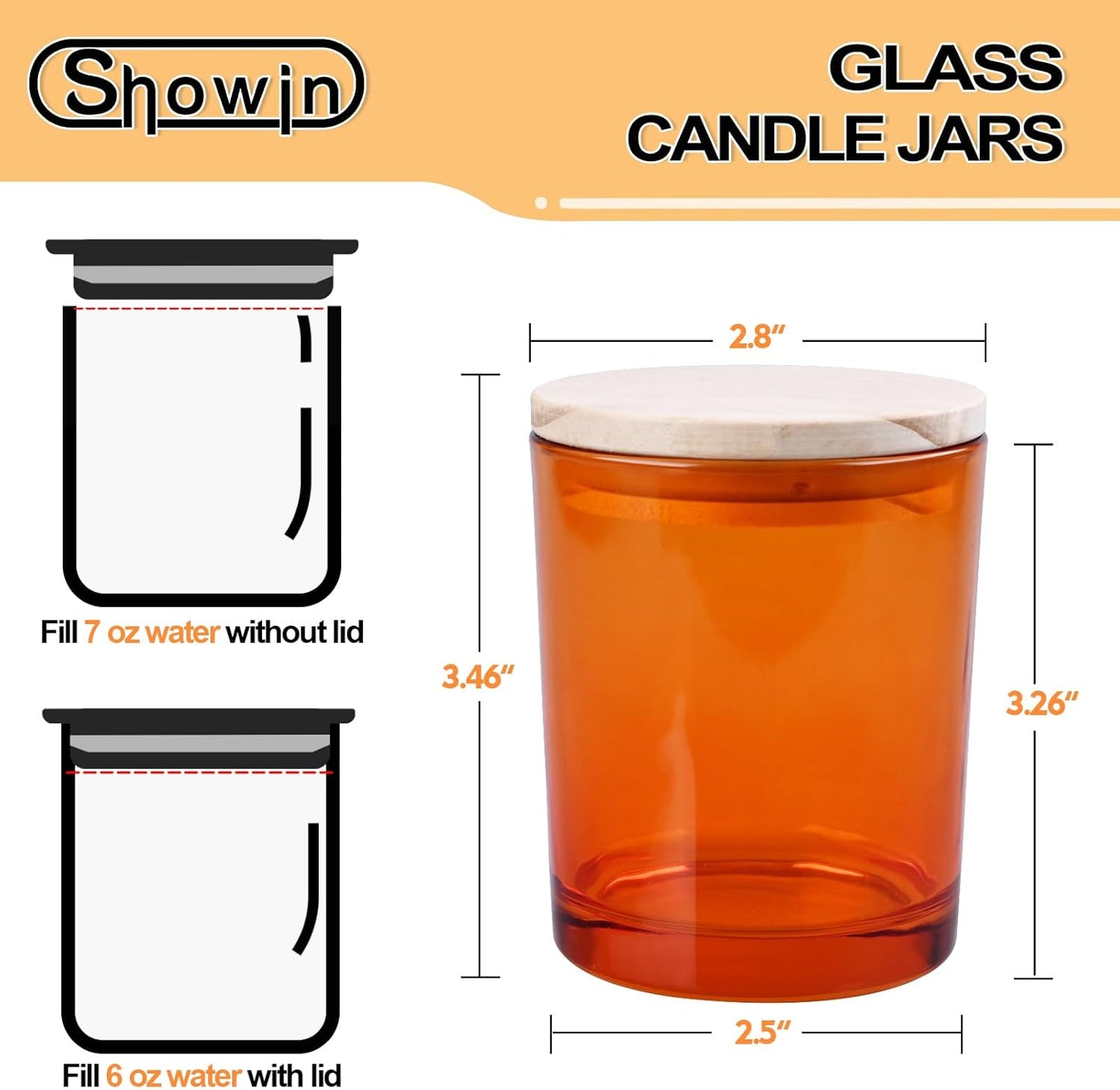 SHOWIN Thick Candle Jars for Making Candles 12 Pcs, 7 OZ Empty Jars with Wood Lids for Candle Making, Sample Container, Clear Orange