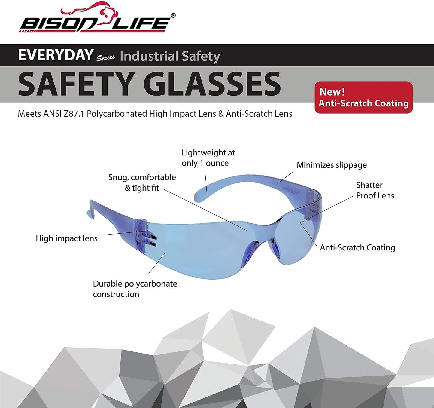 BISON LIFE Safety Glasses - Scratch Resistant Wrap Around Eyewear, Polycarbonate ANSI Z87.1 Impact Resistant Lens