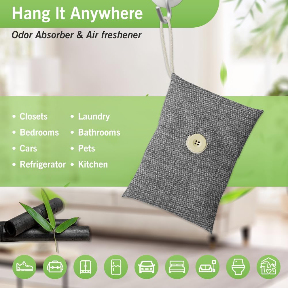 Charcoal bags Odor Absorber Activated Bamboo Charcoal Air Purifying Bag for Home Odor Eliminator Car Air Freshener for Closet Deodorizer Shoe Room Basement Litter Box Pet safe Bag 15Packs×100g