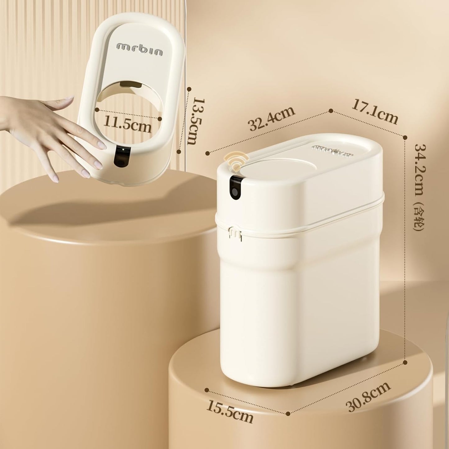 MRBIN Slim Automatic Bathroom Trash Can, 10L/2.6gal Touchless Pull Out Bagging Motion Sensor Waste Basket, Electric Smart Garbage Pail for Narrow Rv, Kitchen, Bedroom, White