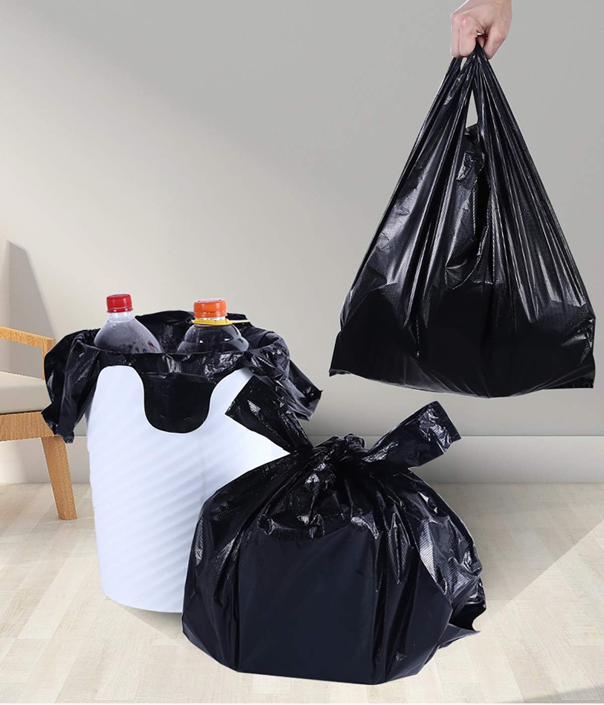 YYaaloa 100 pcs Black Trash Bags with Handles - 14x22 Super Thick 1.8mil Plastic Rubbish Bags for Office, Picnic, Kitchen, Bulk Use