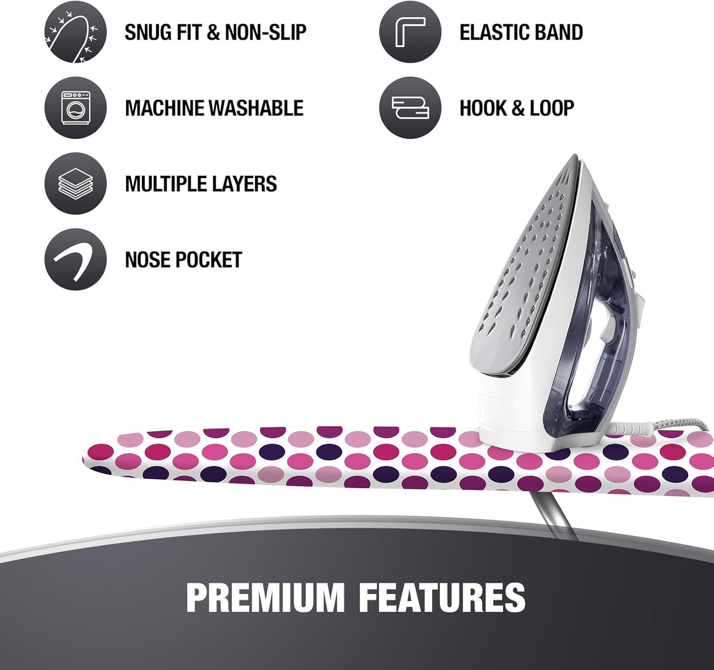 Extra Thick Ironing Board Covers with Pad Standard Size 15x54, Heat Reflective Full Scorch Resistant Padding, Snug Fit Non-Slip Nose Pocket Fastener Straps Elastic Edges, Polka Dots