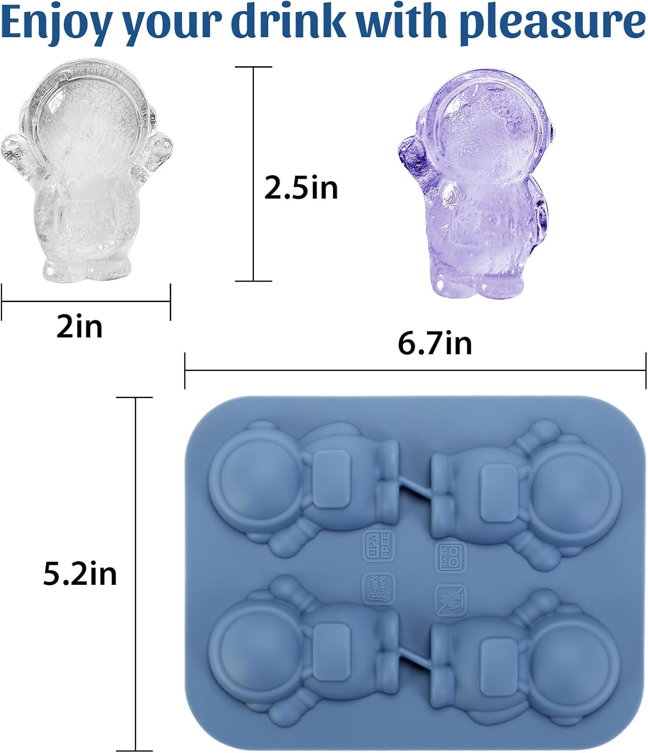 Silicone Ice Cube Tray,Astronaut 3D Large Ice Cube Molds for Whiskey,Cocktails,Wine,Juice and Bourbon,4 Big Cute Animal Ice Trays for Freezer with Lid Easy-Release BPA Free(Astronaut)