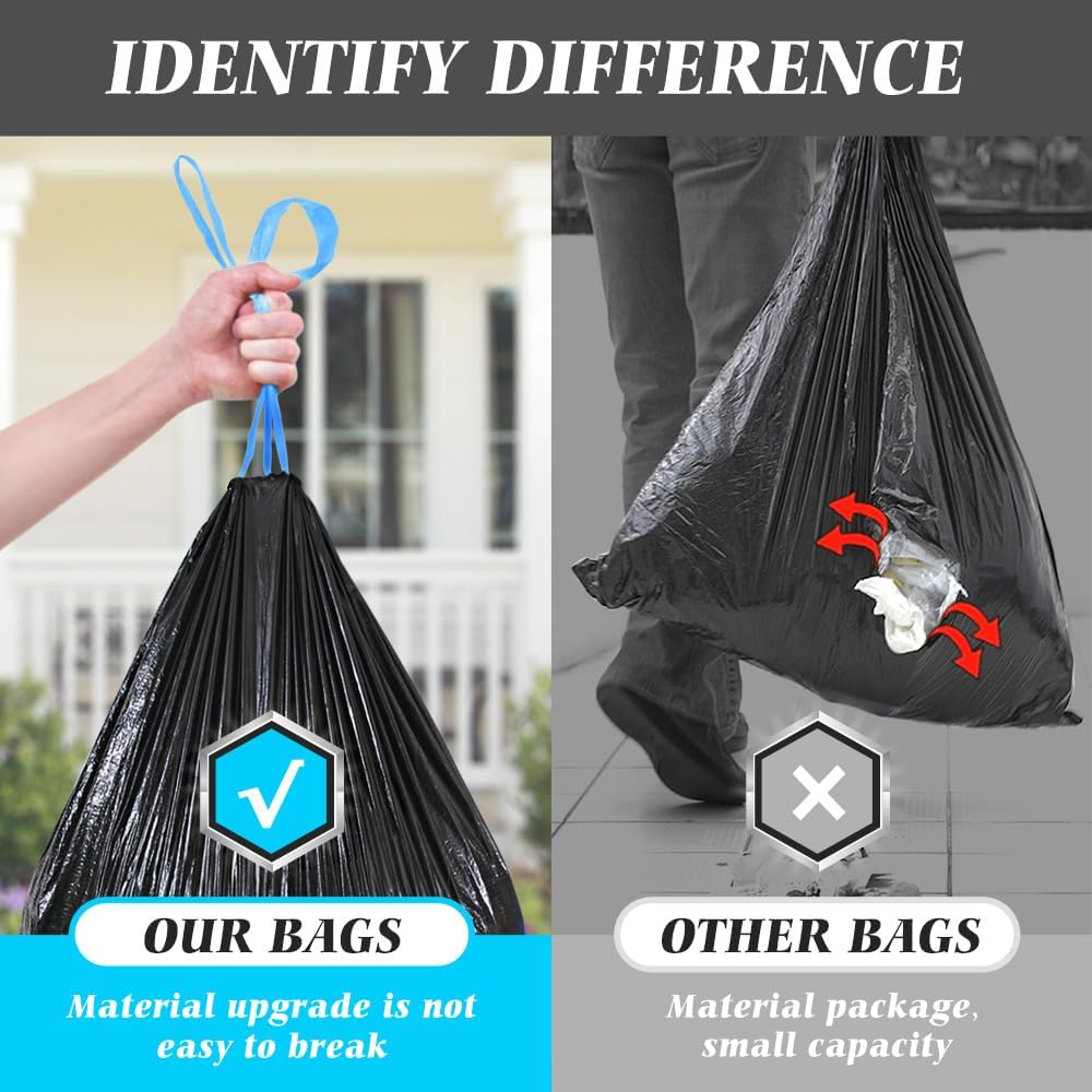 Teivio 20 Gallon 60 Counts (fit 18-20 Gal) Large Drawstring Trash Bags Strong Tall Kitchen Compactor Bags Garbage Bags for Home/Office/Light Residential Waste/Outdoor Trash Can, Lawn,Black Trash Bags