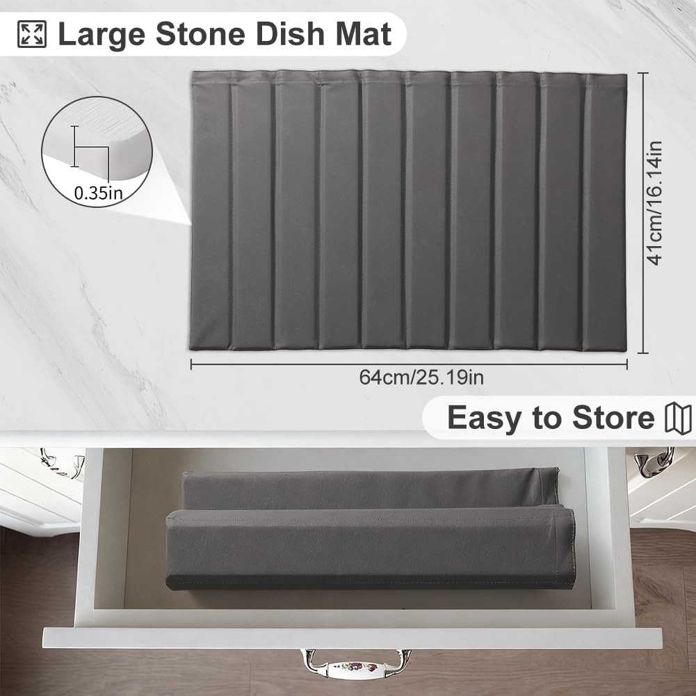Large Stone Dish Drying Mat for Kitchen Counter, 25.2" × 16.1" Quick Dry Collapsible Diatomaceous Earth Mat with PU Leather, Waterproof Bottom, Absorbent Drying Matt for Dishes Cookware Bottles Cups