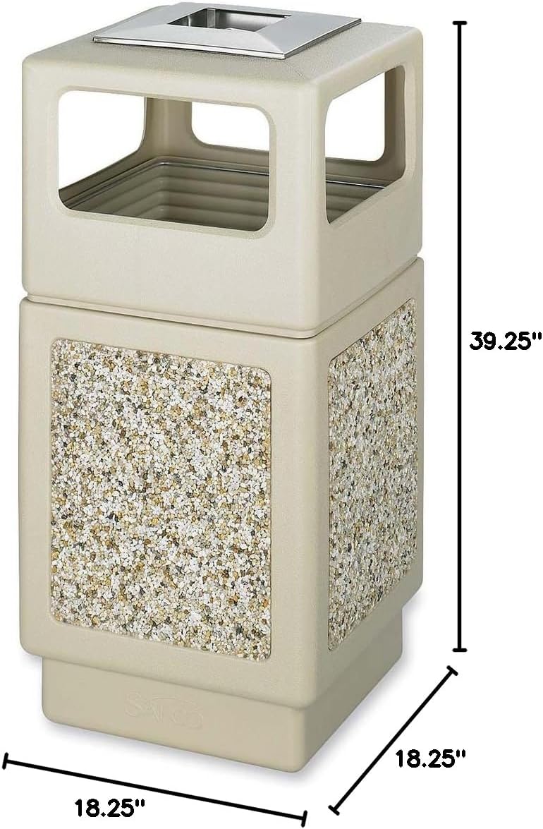 Safco Products Canmeleon Outdoor/Indoor Aggregate Panel Trash Can with Ash Urn 9473TN, Tan, Decorative Fluted Panels, Stainless Steel Ashtray, Weather Resistant