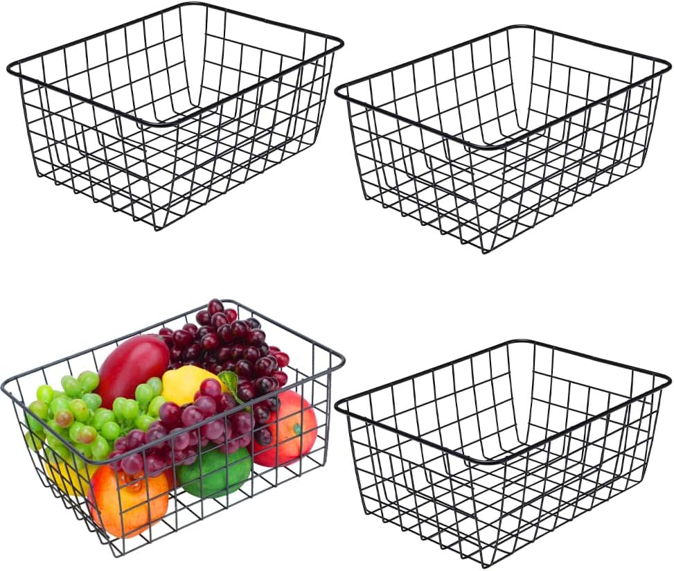 LeleCAT Wire Baskets with Handles, Wire Storage Organizer Baskets, Household Refrigerator for Cabinets, Pantry, Closets, Bedrooms - Set of 4(Black)