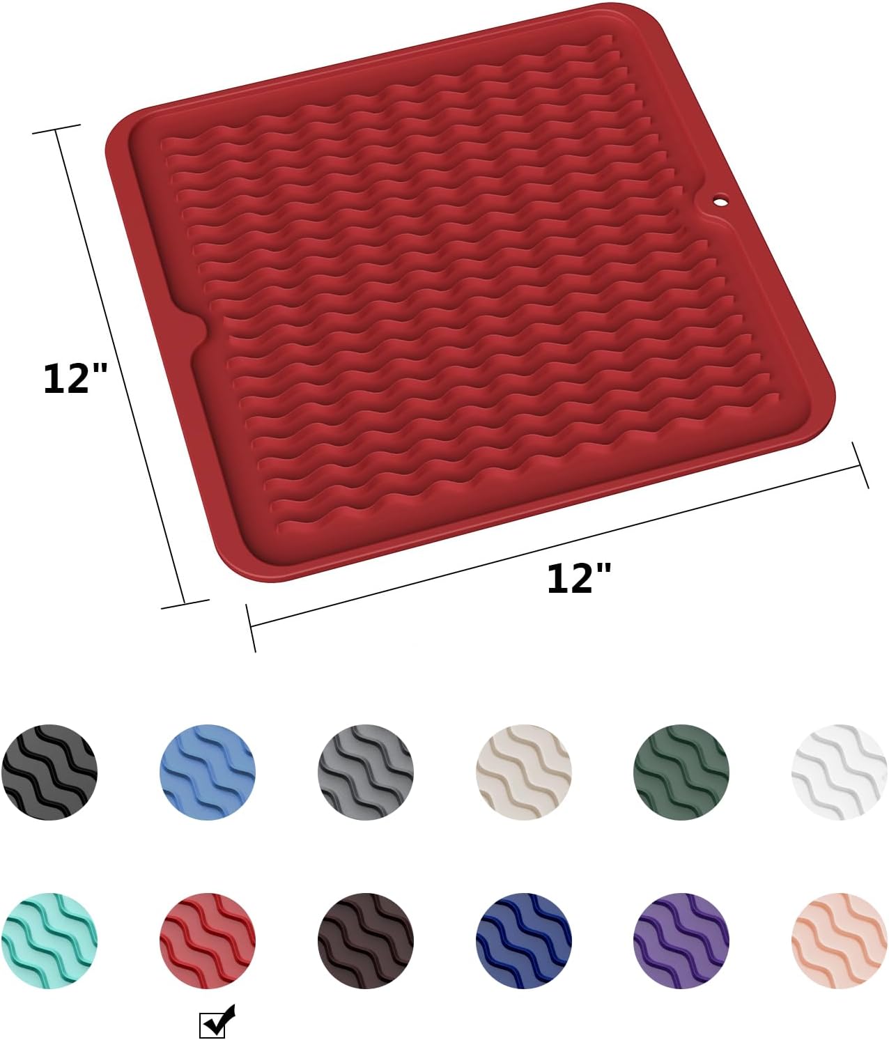 ZLR Silicone Dish Drying Mat for Kitchen Counter, Eco-Friendly Fast Dry Dish Mat, Easy Clean Multi Usage Drying Matt, Heat Resistant Trivet, 12" x 12" Middle, Lave Red