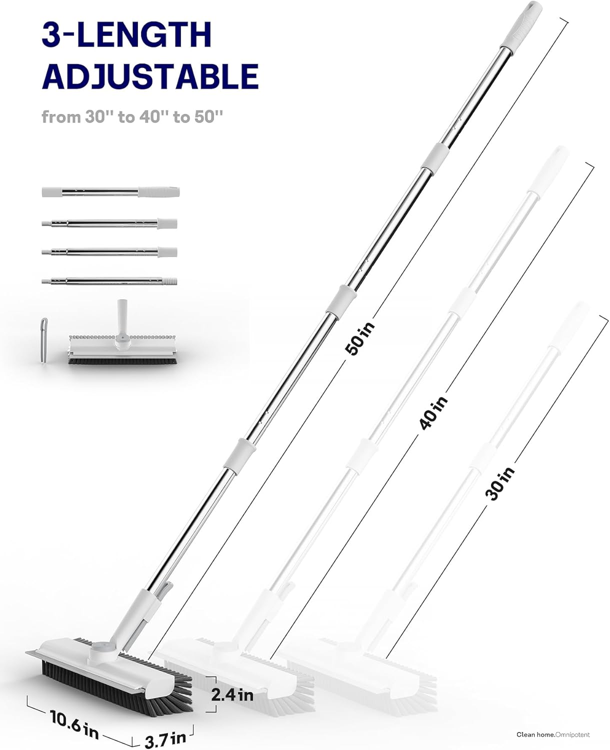 Floor Scrub Brush with Long Handle, 3 in 1 Scrape and Heavy-Duty Stiff Bristle Floor Scrubber Brush with Squeegee and Tweezer for Cleaning Tile Wall Deck Bathroom Patio Garage Kitchen (White)