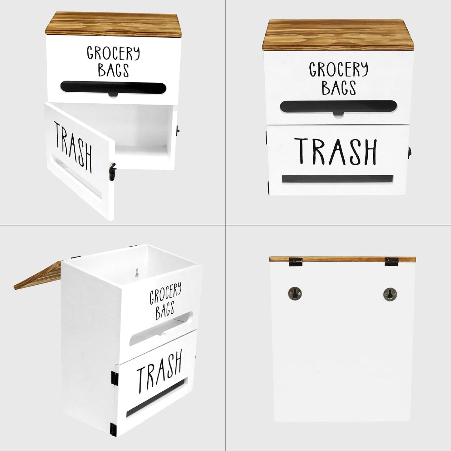 2 in 1 Trash Bag Dispenser, Double Wall Mounted,Wood Trash Bag Holder, used in kitchen, garage, laundry room, can store Environmentally friendly food bags and garbage bags (White)