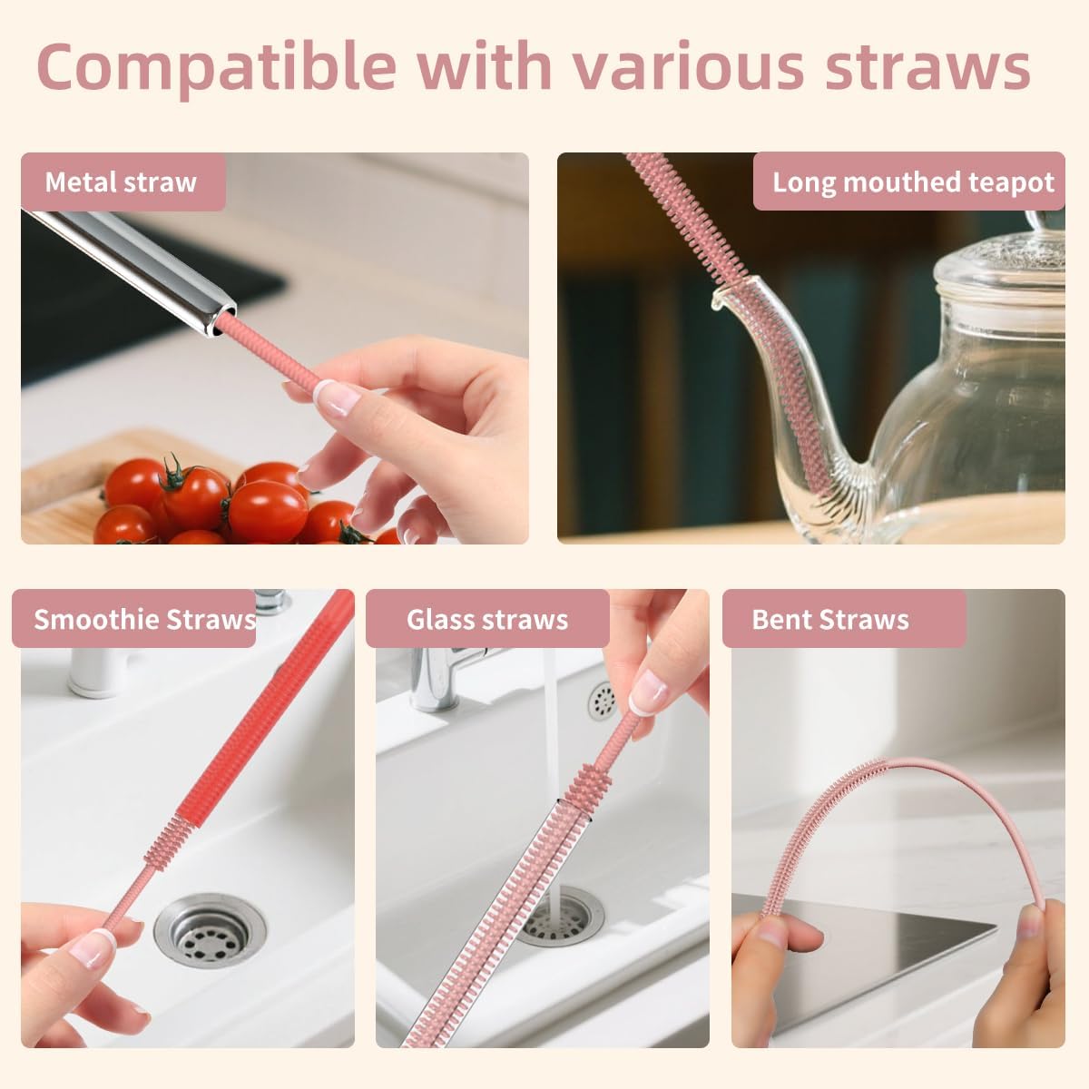 4PCS Silicone Straw Cleaner Brush, Reusable Straw Brush Extra Long for Cleaning Glass Metal Smoothie Straws and Cups, Non-Slip Handle Soft and Bendable, 2 PCS 6mm+2 PCS 9mm, Pink