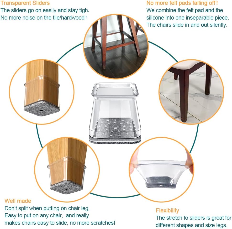 32 Pcs Square Chair Leg Floor Protectors - Silicone & Felt Furniture Pads for Hardwood Floors, Scratch-Resistant Noise-Reducing Chair Leg Caps, Fits Square Legs (1/2'' to 3/4'')