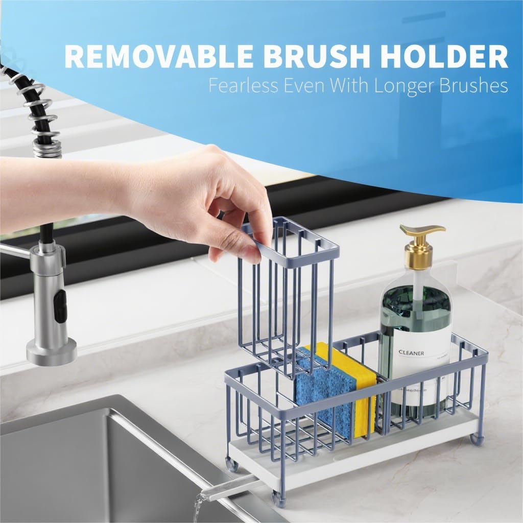 Cisily Blue Gray Sponge Holder for Kitchen Sink, Sink Caddy Organizer with High Brush Holder, Kitchen Countertop Organizers and Storage Essentials, Rustproof 304 Stainless Steel, Soap Dispenser