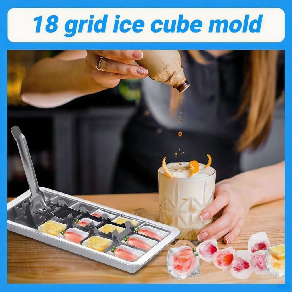 2 Pcak 18-Slot Ice Cube Trays Stainless Steel - Professional Heavy Duty Metal Icecube Mold, Non-Toxic Freezer Tray with Lever Release, Bar & Kitchen Use, Send Goods from Local Warehouse
