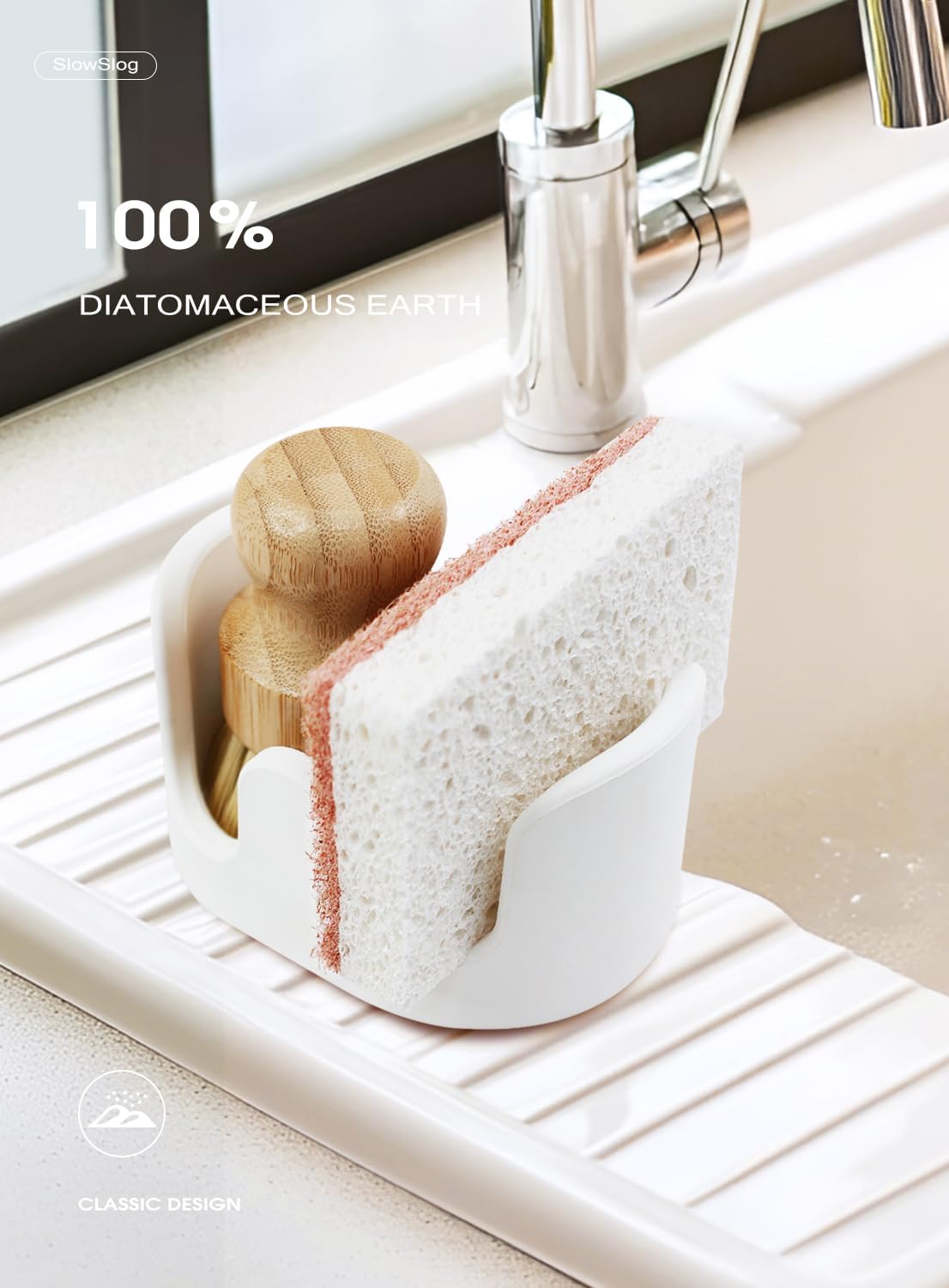 Double Sponge Holder, Water-Absorbing Stone Dish Sponge Caddy for Kitchen Sink Counter, Fast-Drying Stone Sponge Holder with 6 Sponges and 1 Brush, White
