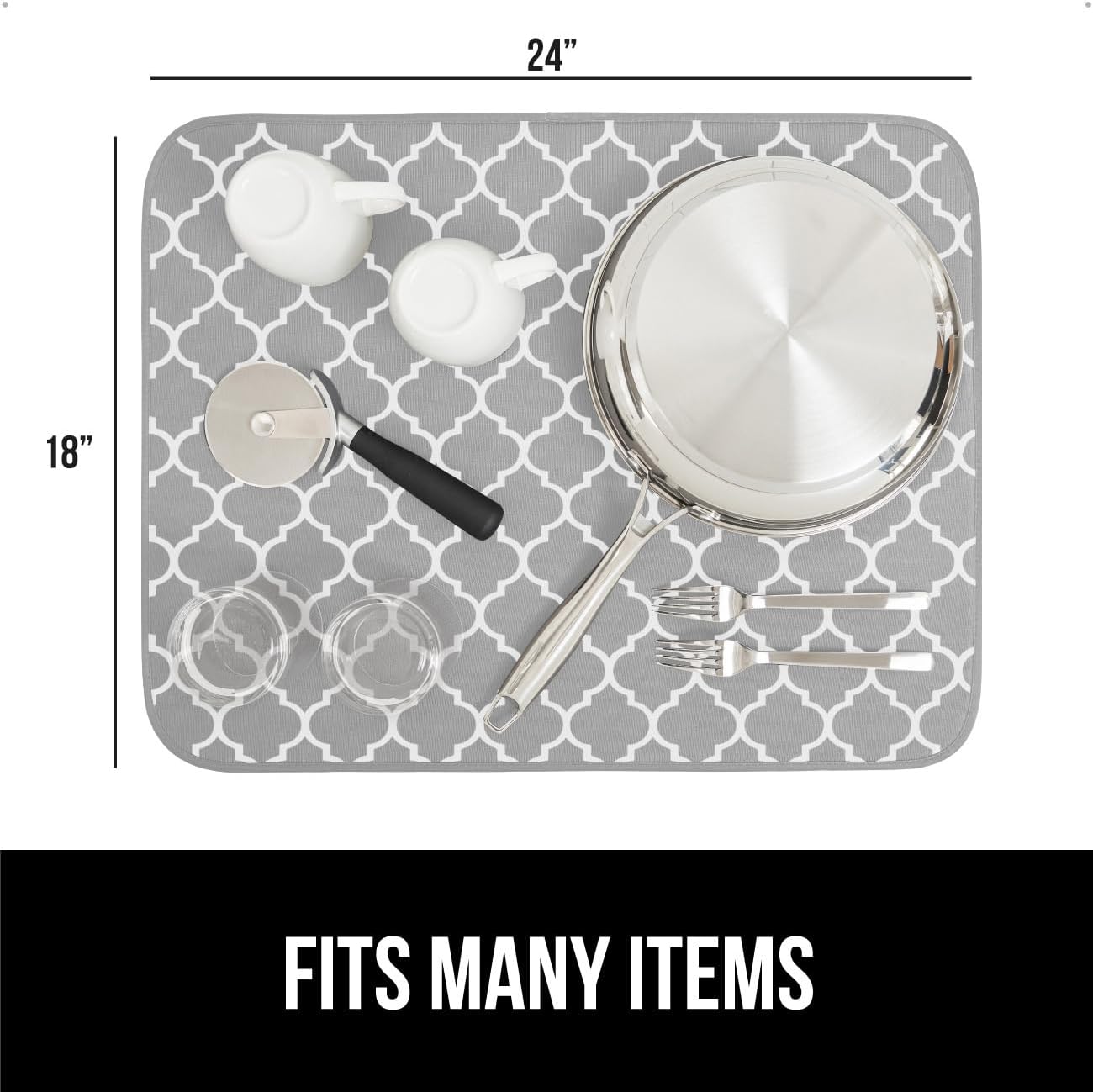 GORILLA GRIP Ultra Water Absorbent Microfiber Dish Drying Mat, 18x24, Quick Dry Mesh, Slip Resistant Pad for Sink Dishes or Under Rack, Kitchen Counter Accessories, Machine Wash, 2 Pack Quatrefoil