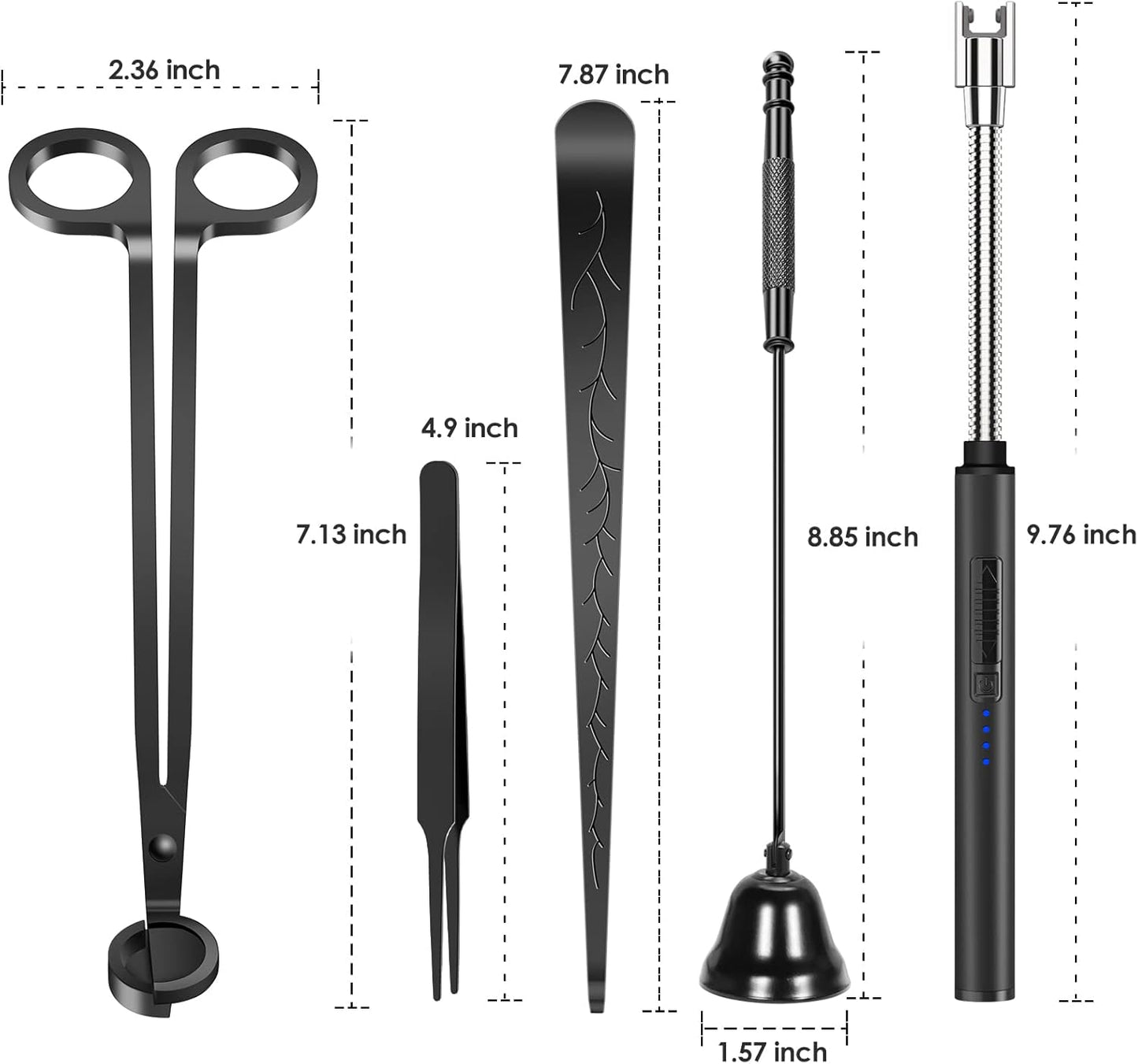 5 in 1 Candle Accessory Set,Candle Wick Trimmer Cutter,Candle Wick Dipper,Candle Wick Snuffer,Rechargeable Candle Lighter,Tweezers,Stainless Steel Candle Care Kit Home Gift for Aromatherapy(Black)