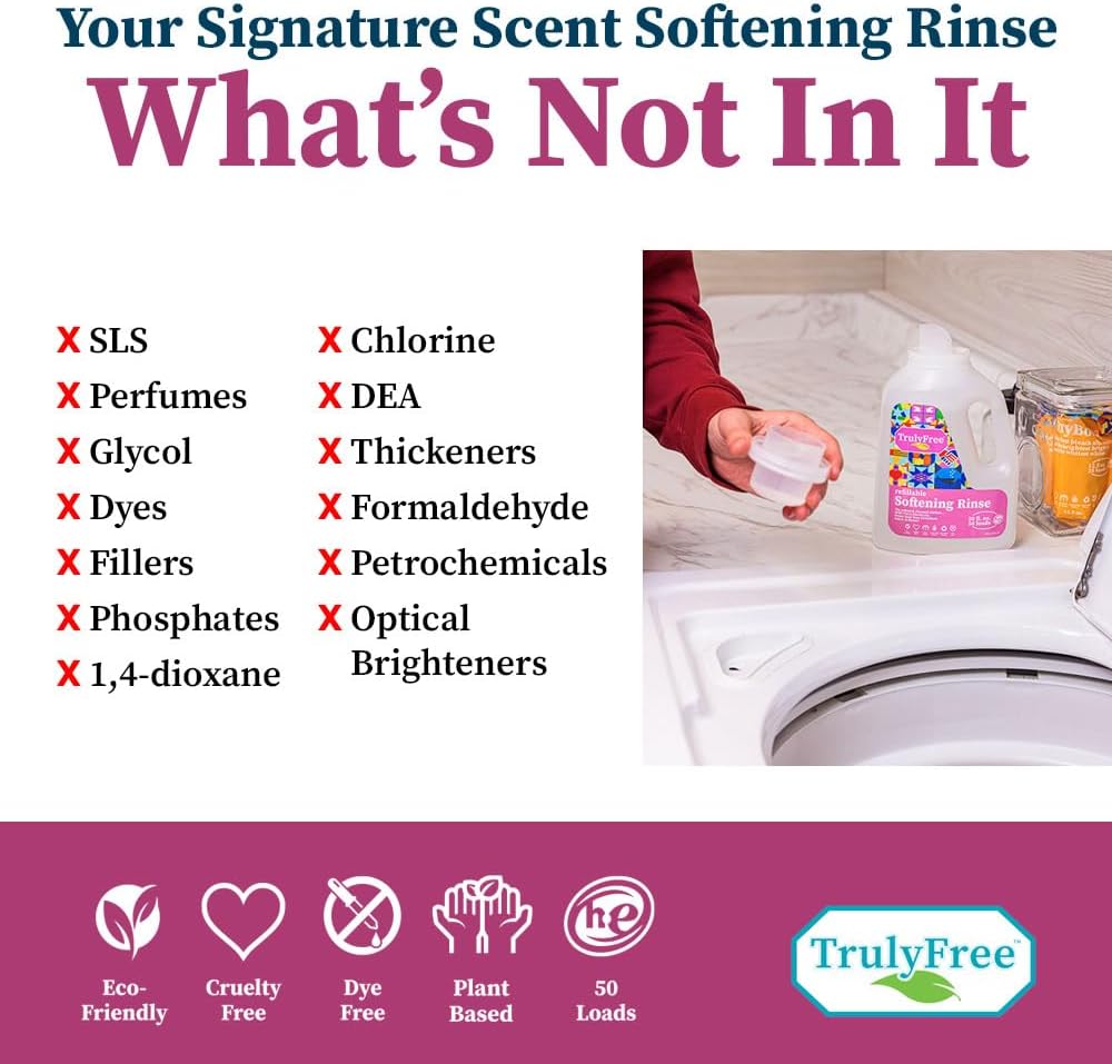 Truly Free Fabric Softening Conditioner for Clothes| Safe for Babies & Kids with Sensitive Skin | Plant-Based | Includes 4 Refills| Signature Scent Rinse(200 Loads)