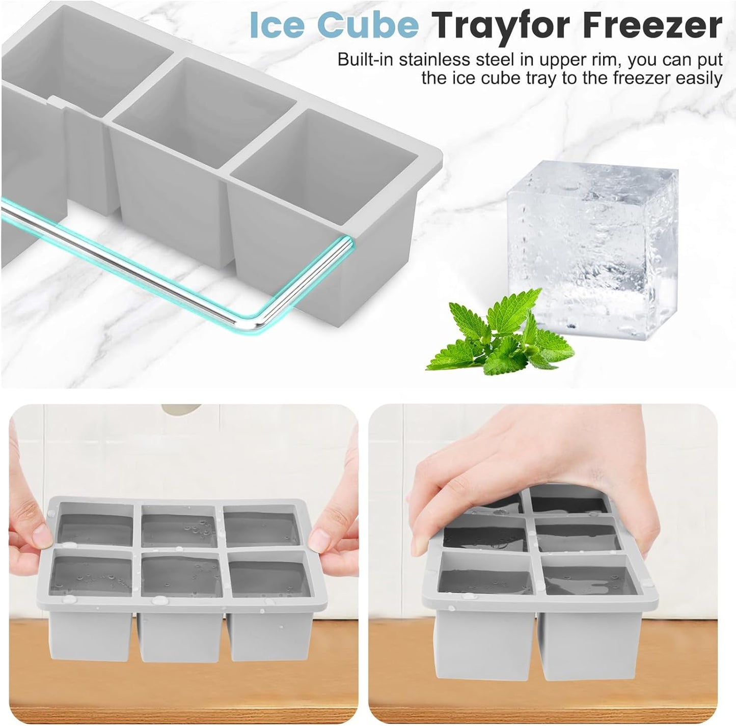 Large Silicone Ice Cube Tray 2Pack, SAWNZC Big Square Ice Cube Molds for Whisky Cocktail, Ice Maker Tray with Lid for Freezer, Easy Release (2, Grey)