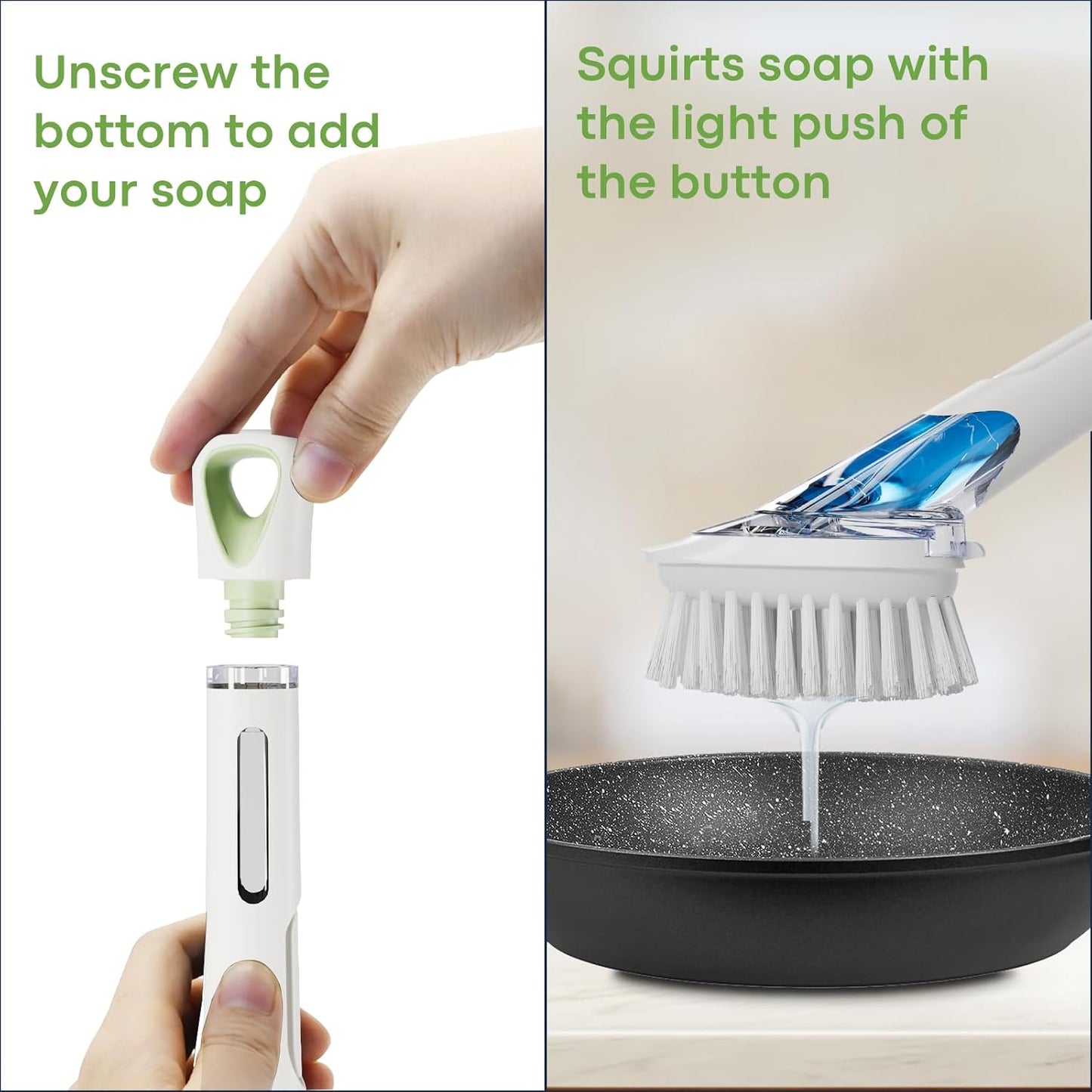 RIMAY Dish Brush with Soap Dispenser Storage Set, Soap Dispensing Dish Brush with 2 Pcs Brush Refills & Holder, Kitchen Dish Washing Wand with Handle for Dishes/Pans/Pots/Sink (White)