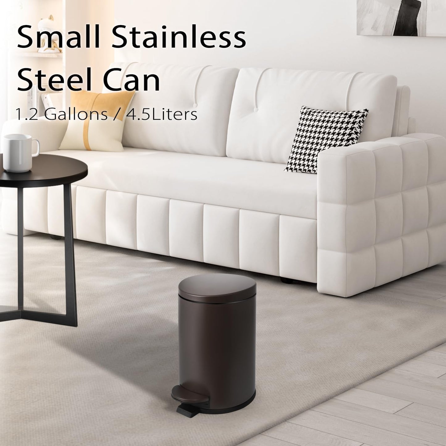 TIPGO Small Trash Can with Lid Soft Close, 4.5 Liters / 1.2 Gallon Bathroom Garbage Can, Mini Step Trash Bin, Stainless Steel Wastebasket for Bathroom, Bedroom, Office (Brown)