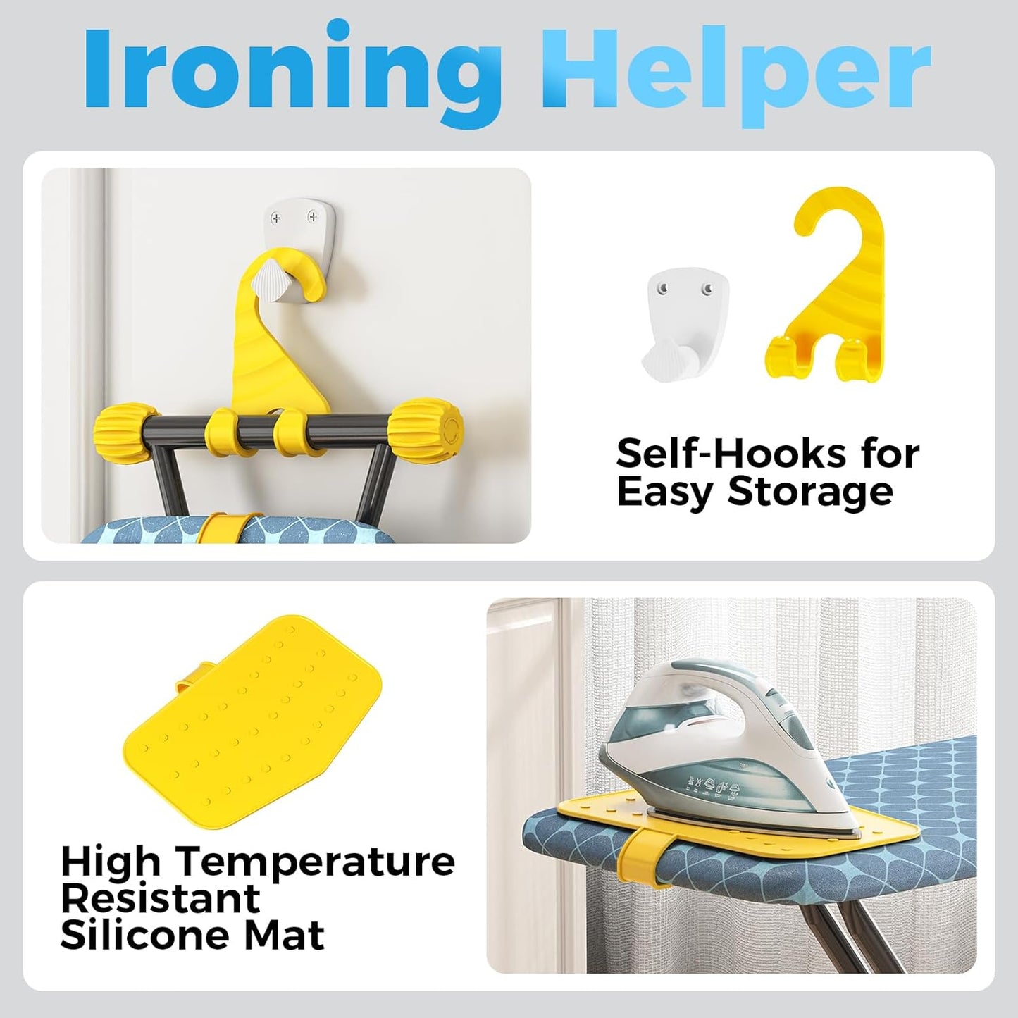 KINGBOARD Ironing Board, Compact Iron Board with Silicon Iron Mat, Heat Resistant Cover, 7 Height Adjustable, Foldable Ironing Board Wall Mount Hanger, 13x43 Yellow