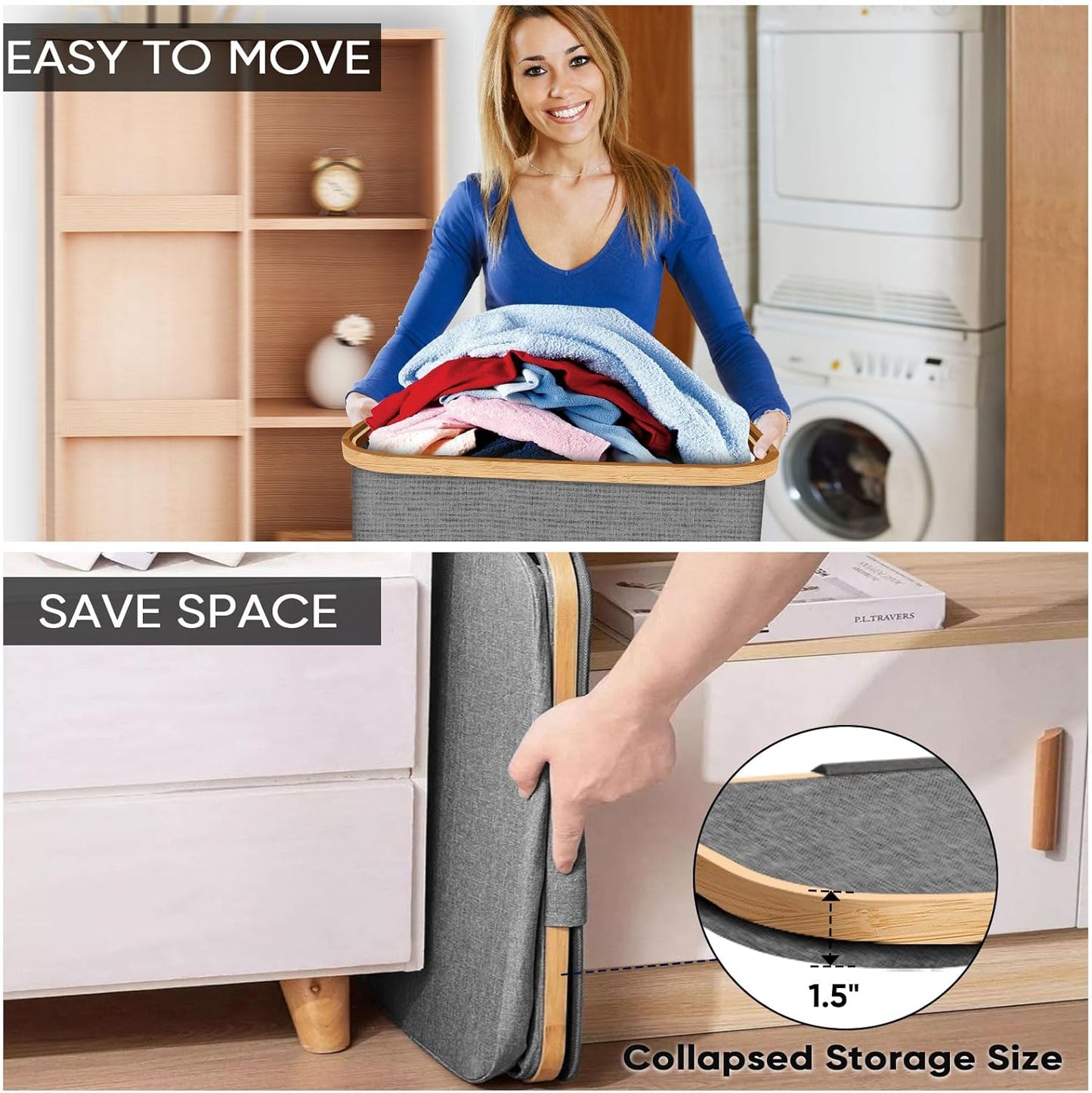 BALEINE Laundry Hamper with Lid, Tall Laundry Baskets with Bamboo Pull Handles, Large Laundry Bin with Internal Support (26 Gal/100L, Black)