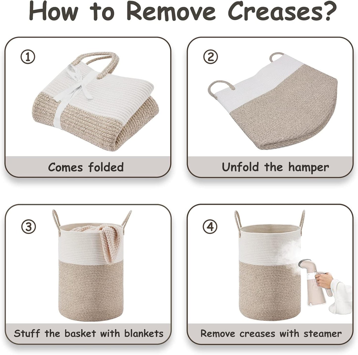 VIPOSCO Tall Laundry Hamper, Woven Rope Storage Basket for Blanket, Toys, Dirty Clothes in Living Room, Bathroom, Bedroom - 30L White & Brown