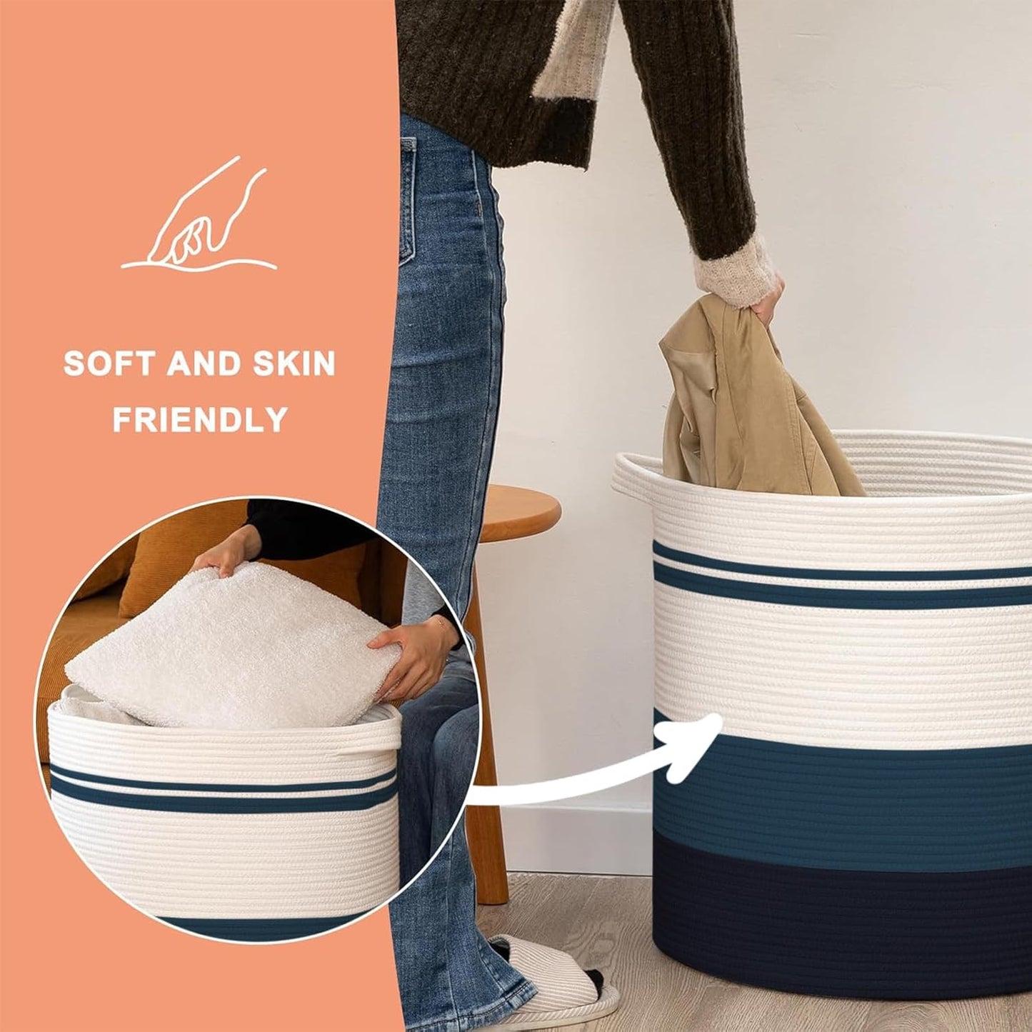 OIAHOMY 80L Laundry Baskets Hamper with Handles,Decorative Basket for Living room,Woven Storage Basket for Toys Bin,Pillows, Blankets,Clothes-20x18in-Gradient Blue