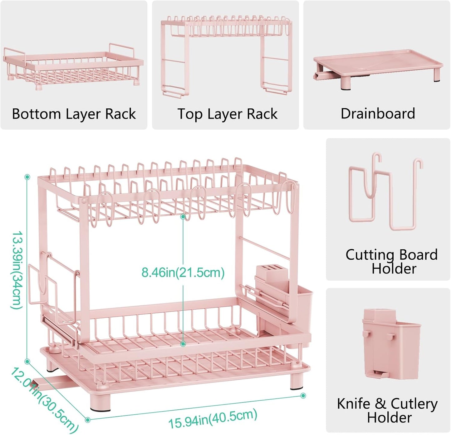 Multifunctional Dish Drying Rack - Rustproof, 2-Tier Dish Racks with Drainboard, Space-Saving Design, Utensil & Cup Holder for Kitchen Counter, Pink