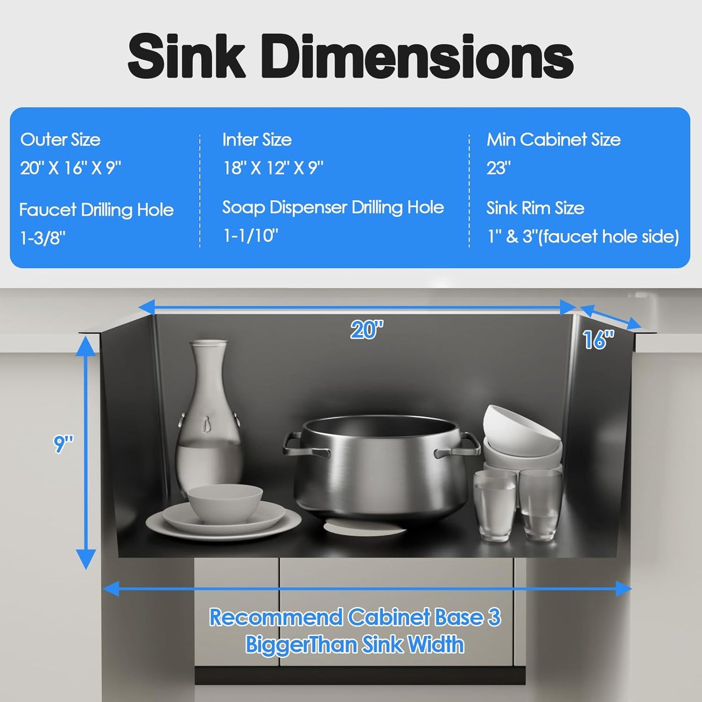 20x16 Inch Drop in Kitchen Sink, 304 Black Stainless Steel Sink, 9" Deep Single Bowl, R10 Tight Corner, 2 Pre-Drilled Holes, Topmount Installation,for Small Kitchen/RV/Bar Sink
