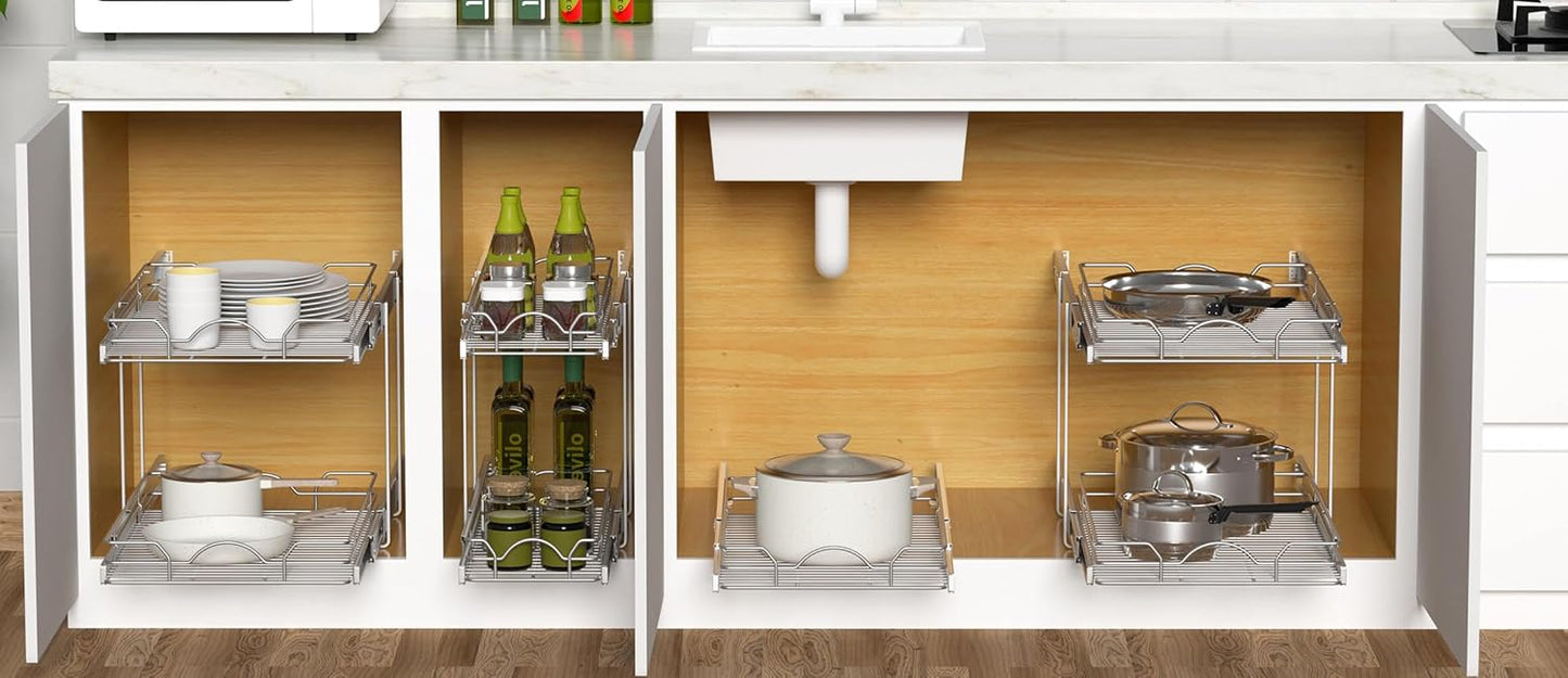 OCG 2 Tier Pull Out Cabinet Organizer (21.5" W x 21" D), Pull Out Drawers for Kitchen Cabinets, Pull Out Shelves for Base Cabinet Organization in Kitchen Bathroom Pantry, Chrome Finish