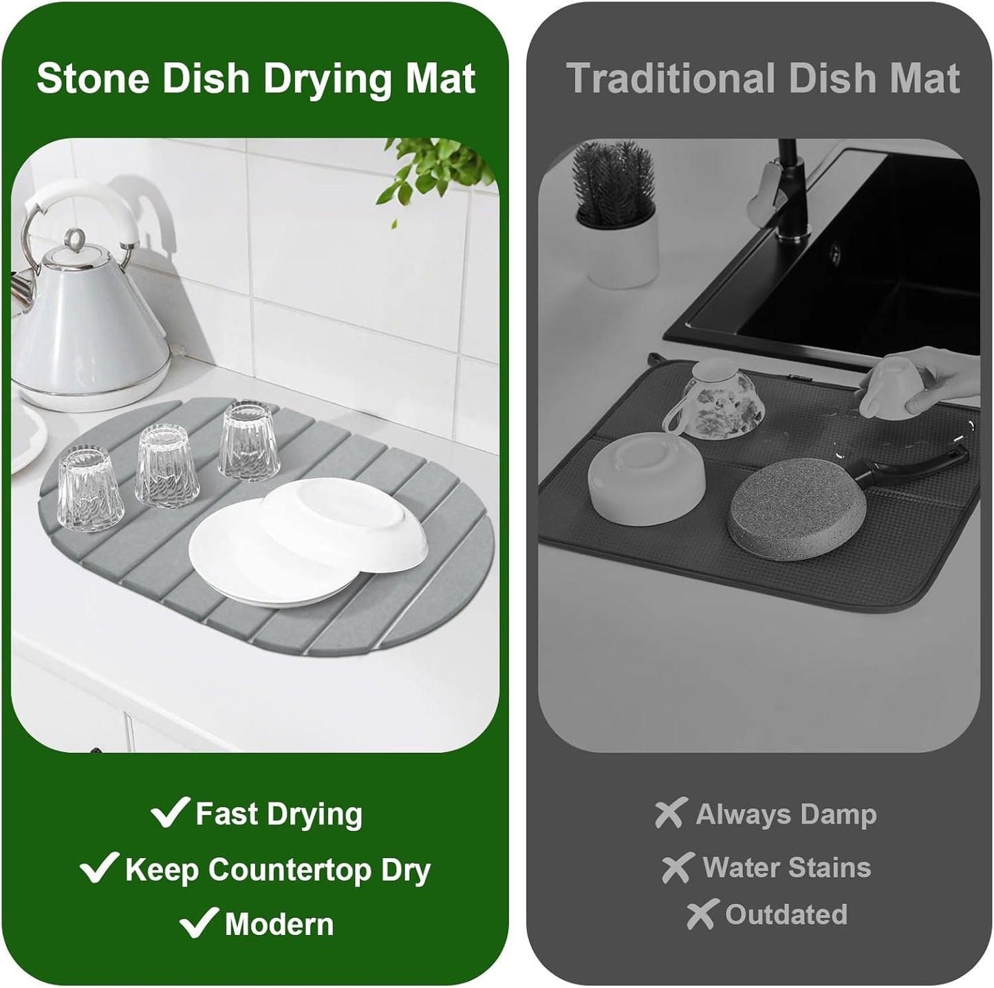 Stone Drying Mat for Kitchen Counter: 24"(L)×16"(W) Collapsible Stone Dish Drying Mat, Super Absorbent Diatomaceous Earth Pad for Dishes Bottles Cup Kitchen Bathroom Families Renters
