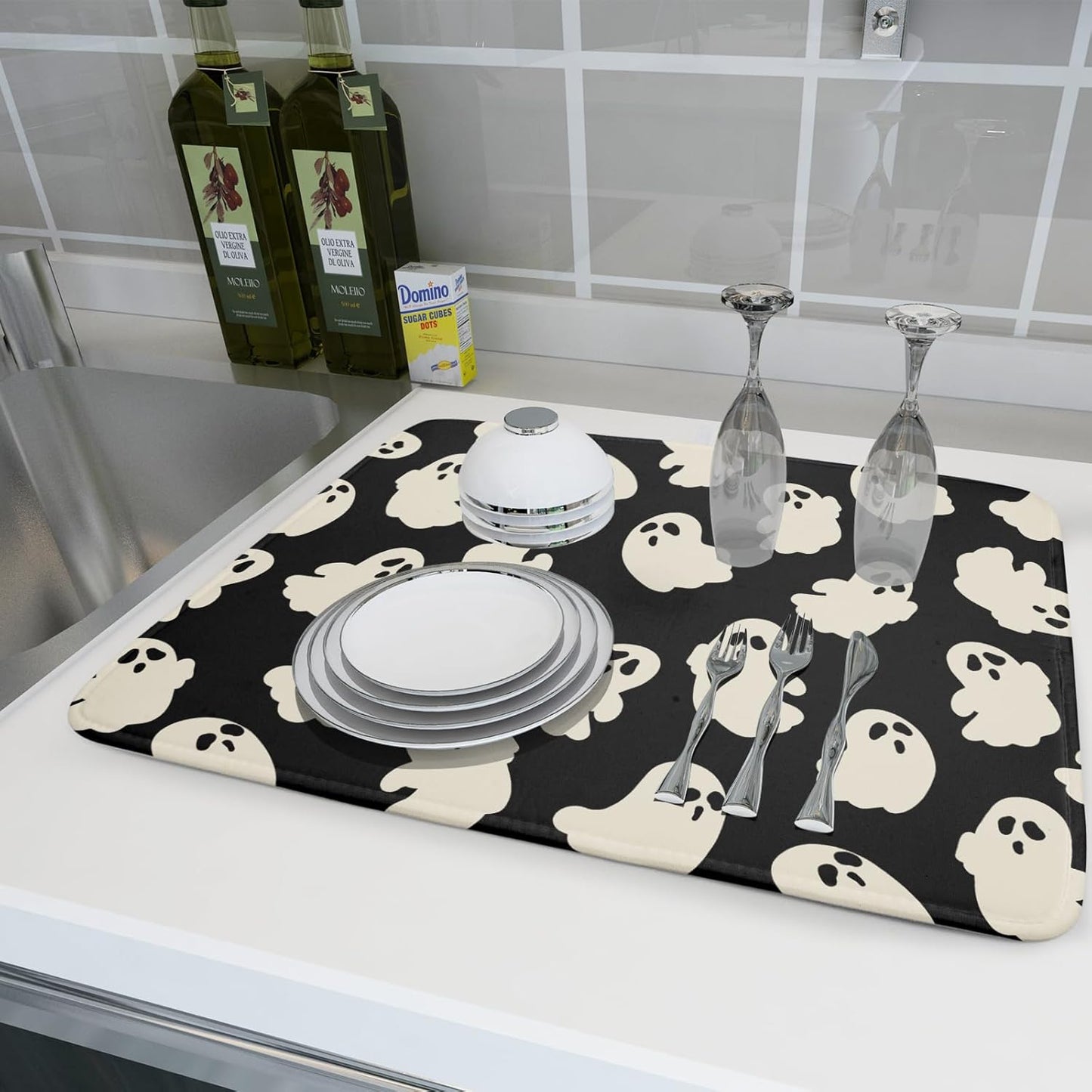 Halloween Ghost Dish Drying Mat 16X18 Inch Spooky Halloween Drying Mat for Kitchen Counter Black White Absorbent Microfiber Reversible Dishes Pad Dish Drainer Mat for Halloween Kitchen Accessories