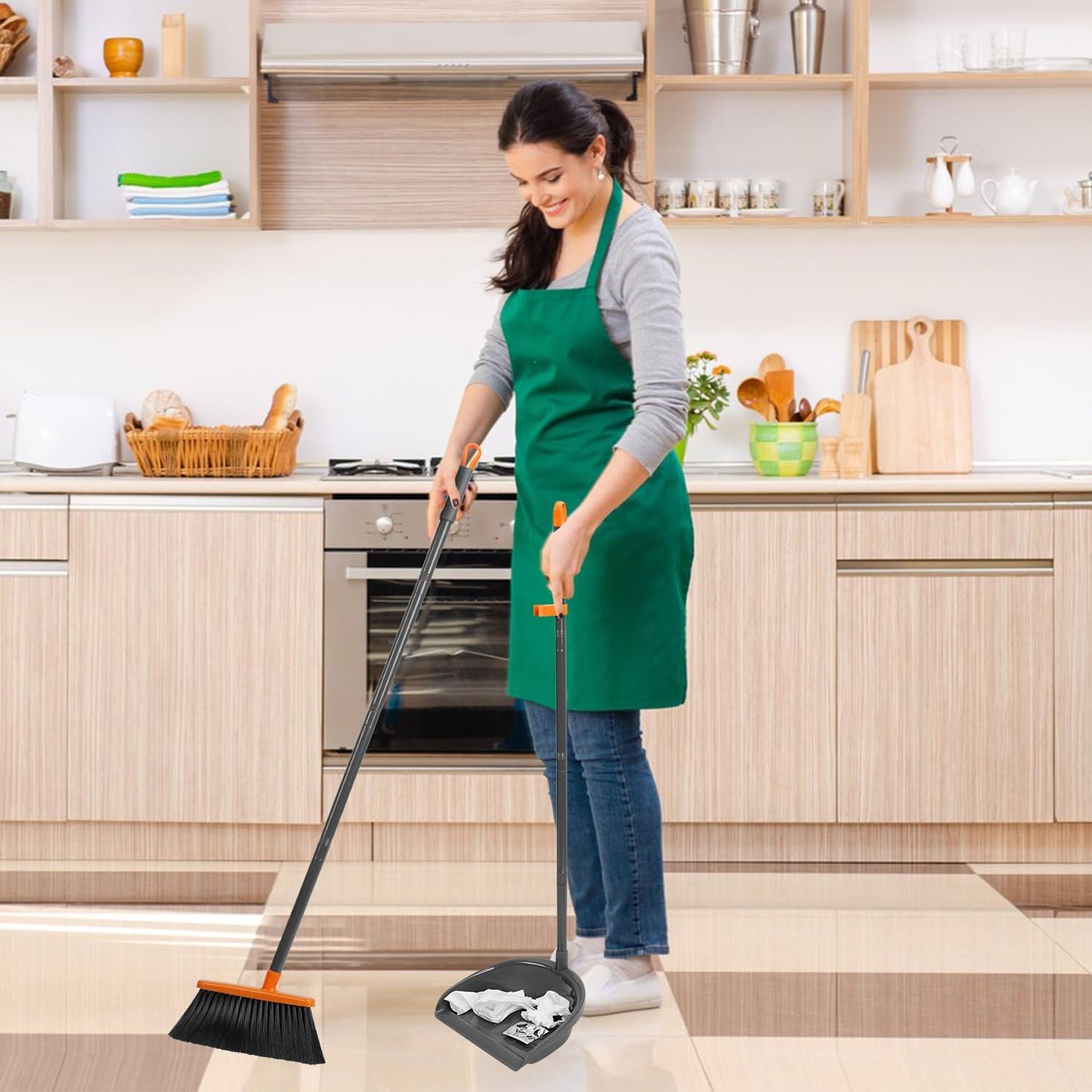 Long Handle Broom with Upright Standing Dustpan Combo for Office Home Kitchen Lobby Floor Cleaning