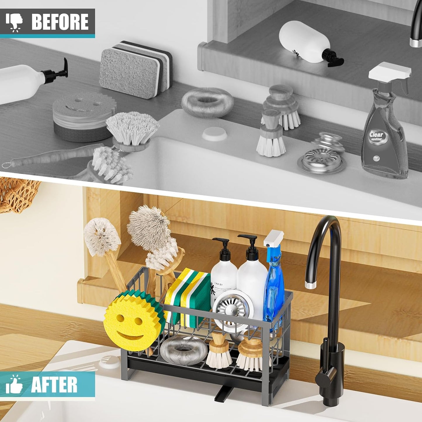 Sponge Holder for Kitchen Sink with Flexible Sink Caddy Smiley Face,2 Tier Kitchen Sponge Holder Countertop and Storage Essentials,Soap Dispenser Organize,Home Decor Accessories-Gray