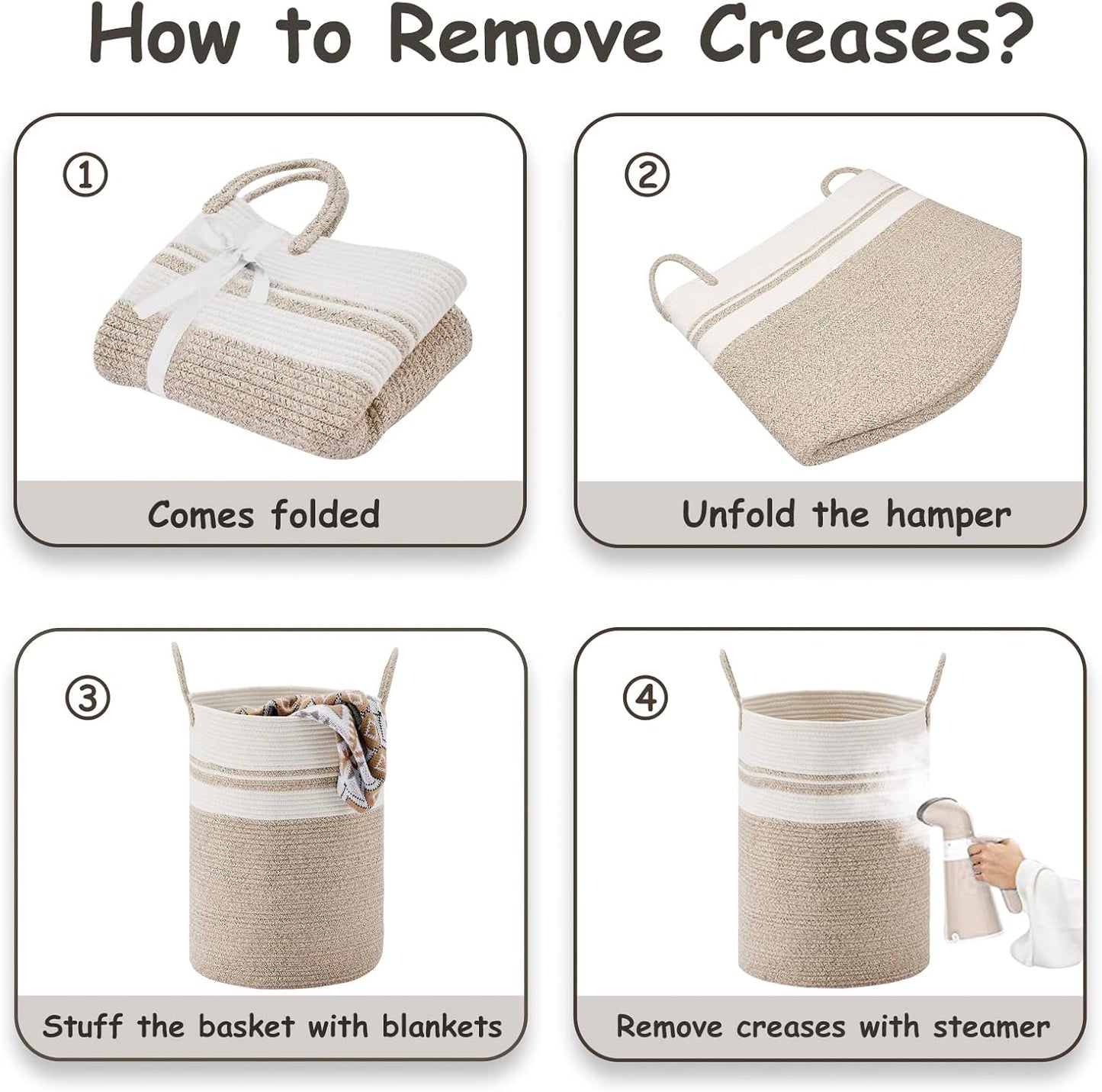 VIPOSCO Large Laundry Hamper, Tall Woven Rope Storage Basket for Blanket, Toys, Dirty Clothes in Living Room, Bathroom, Bedroom - 58L Brown & White