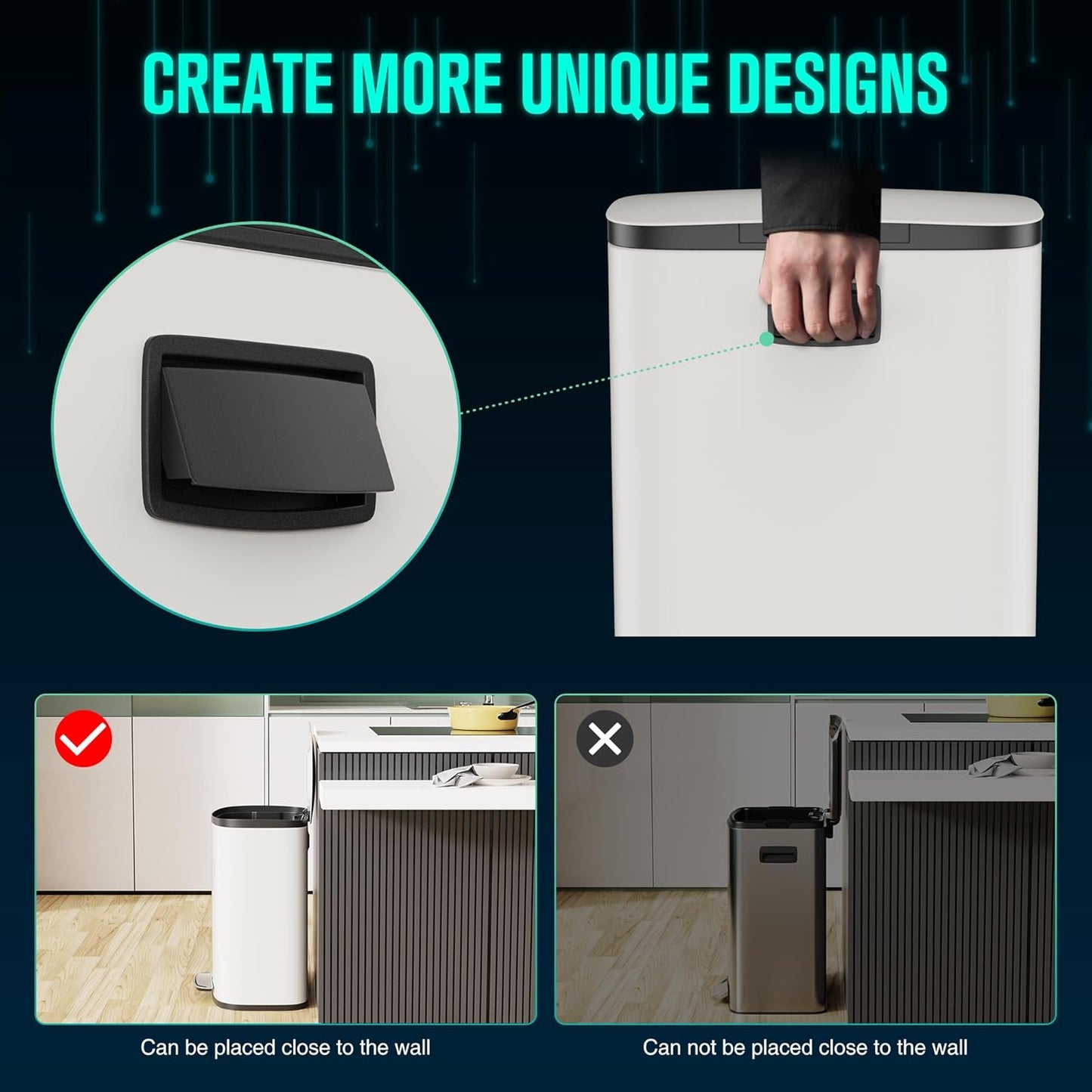 13 Gallon Stainless Steel Foot Pedal Large Trash Can with Soft Close Quiet Curved Surface Top Lid and Deodorant Storage Space, with 30 Garbage Bags for Kitchen/Home/Office Trash can and More - White