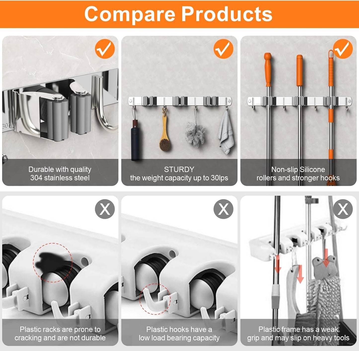 Broom and Mop Organizer Wall Hanging, Upgraded Mop and Broom Holder Wall Mount, Stainless Steel Broom Hanger Wall Mount for Laundry Room Organization and Storage(5 Racks with 4 Hooks)