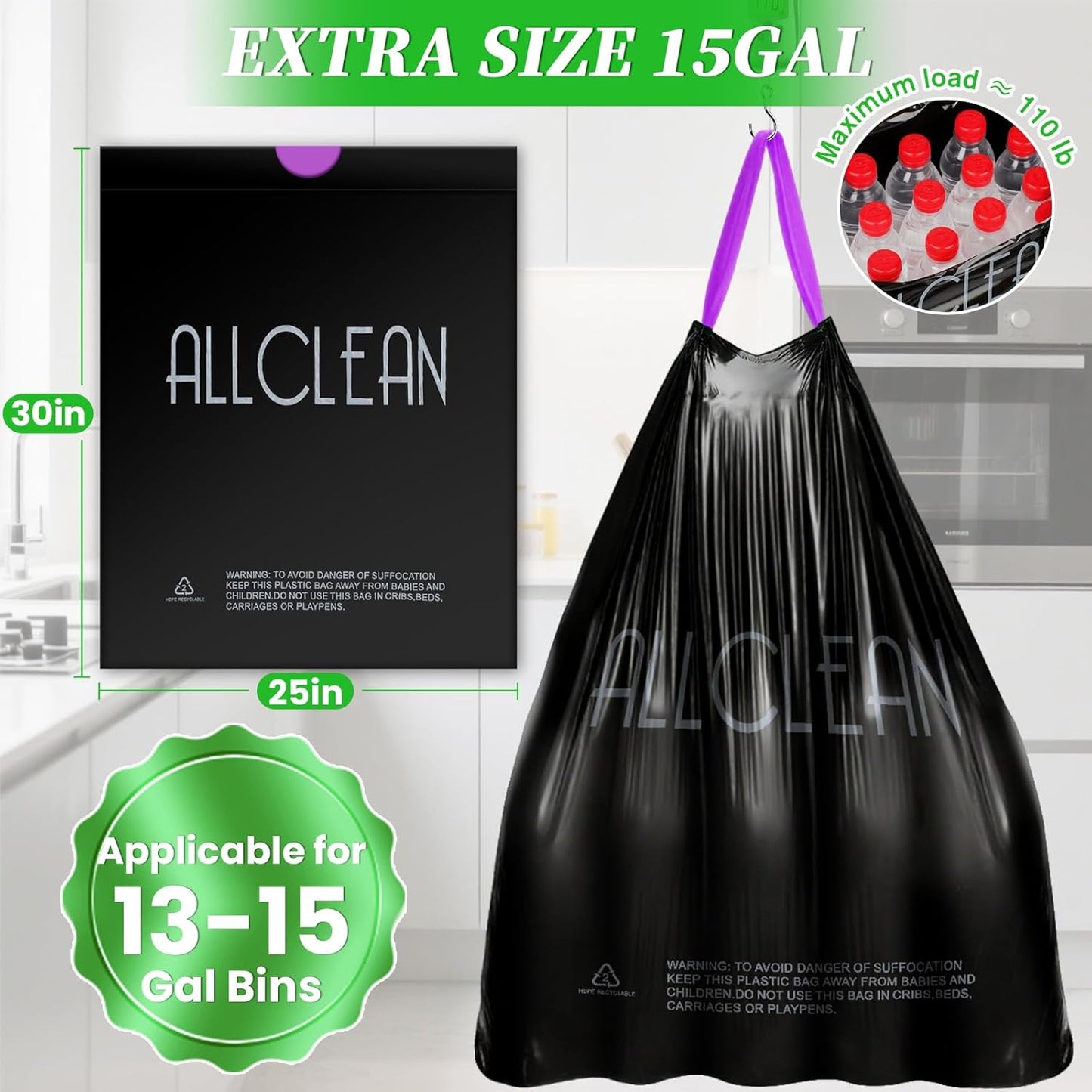 Trash Bags 15 Gallon Tall Kitchen Drawstring Garbage Bags,Fit 13-15 Gal Bins,Extra Strong&Leak-Proof,Unscented&Recyclable Trash Can Liners for Home Office Industrial Bathroom Garden Lawn(Black)