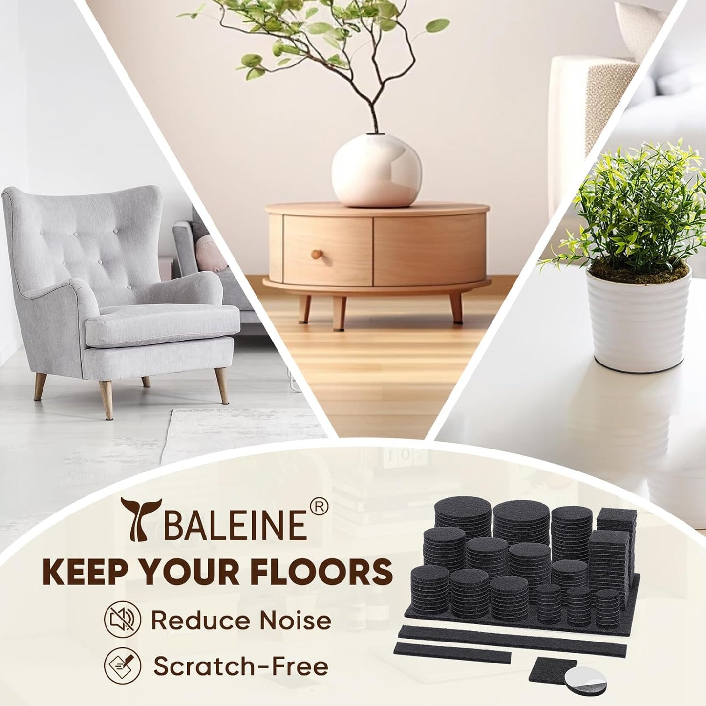 BALEINE 300PCS Felt Furniture Pads, Multi-Size Felt Pads for Chair Legs, Tables, Beds, Scratch-Reducing Floor Protectors for Hardwood Floors, Tile, Vinyl, and Laminate (300PCS, Black)